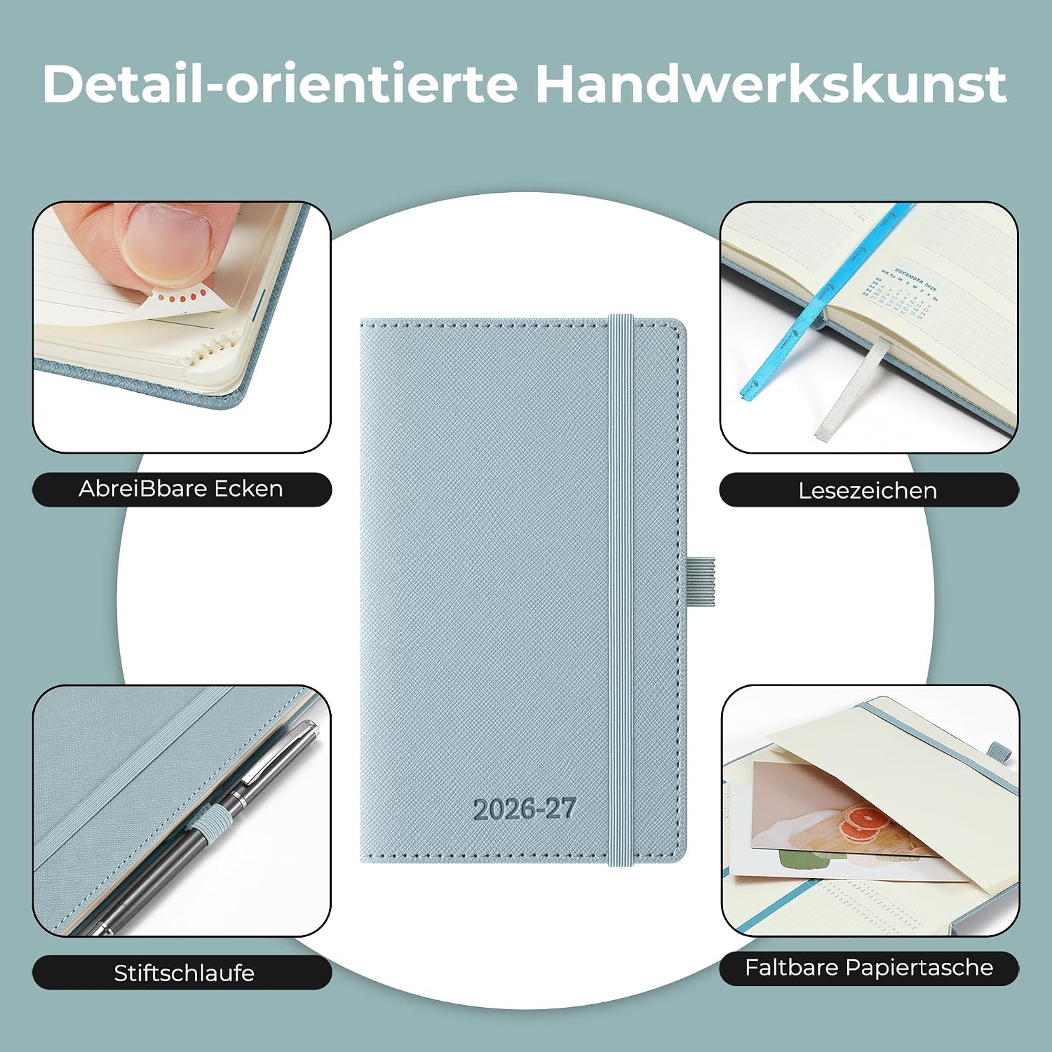 Detalle de IN-LUXPRO Kalender 2026/2027 – Wochenplaner A6, 18 Monate, vegan-leder, Querformat, Staubblau
