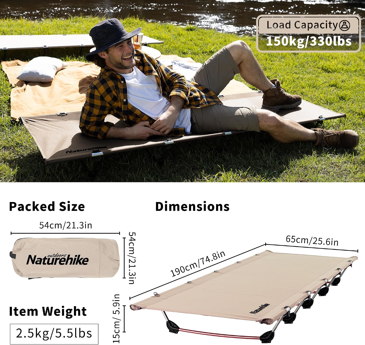 Detalle 2 de Naturehike 6977465866622 – składane łóżko kempingowe 190 × 65 cm, do 150 kg