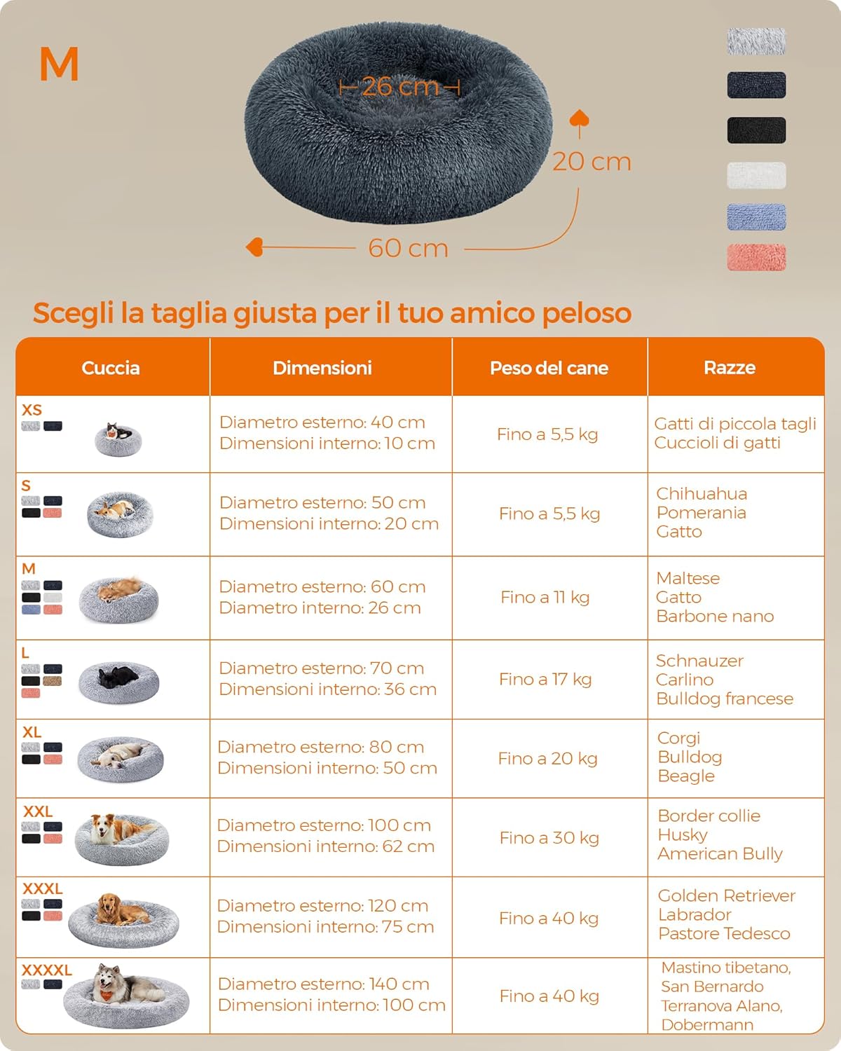 Thumbnail 5 de Feandrea Cuccia per Cani a Ciambella 60 cm, Grigio Scuro