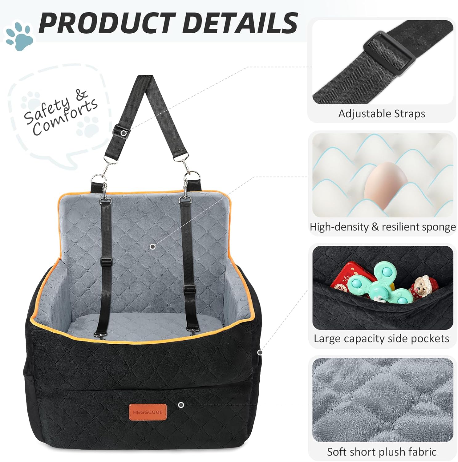 Detalle 2 de HEGGCOOE Small Dog Car Seat with Memory Foam, 2 Safety Belts 🐶🎐