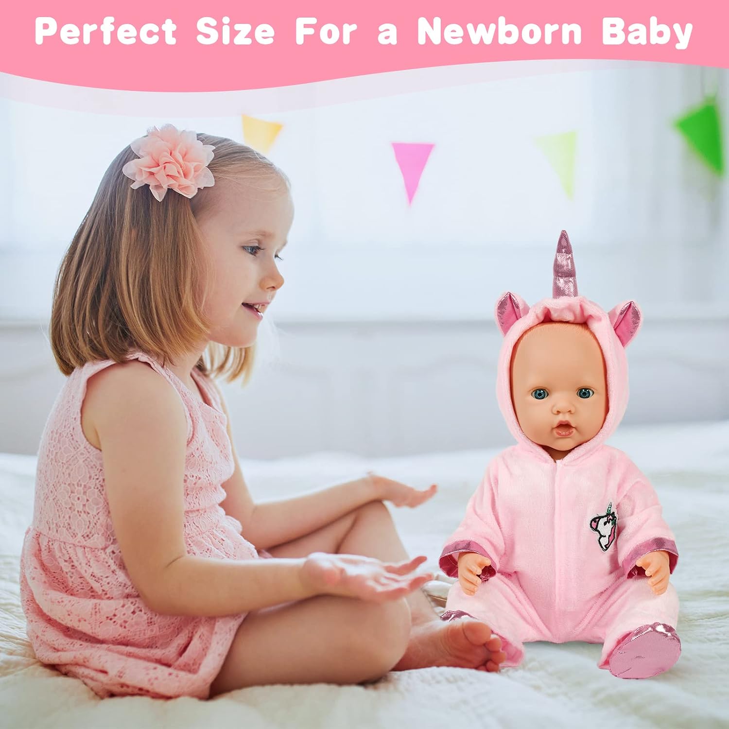 Thumbnail 5 de Aolso Dress per Bambole 35-45 cm con Pagliaccetto, Cappello, Calzini e Gruccia: set completo unicorn rosa