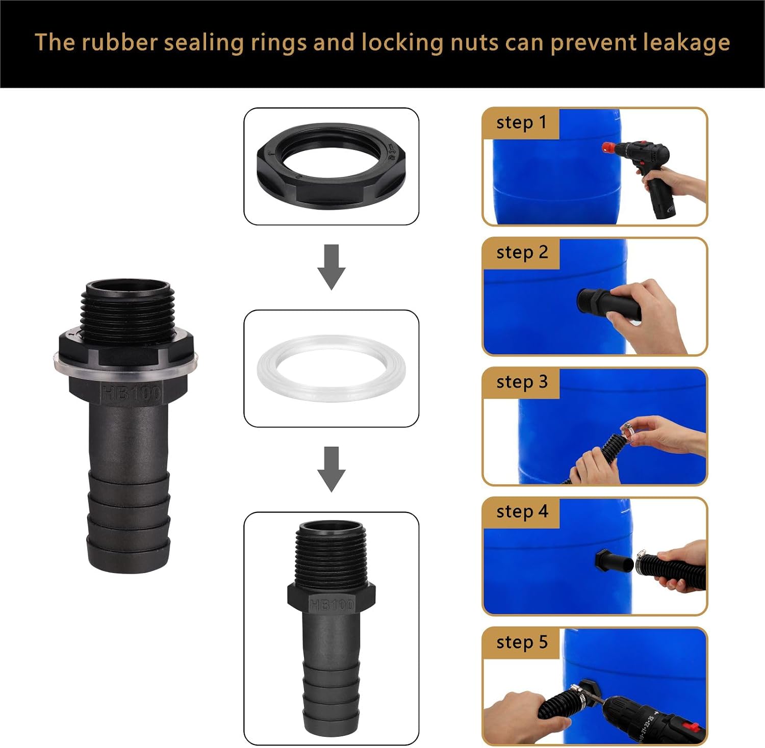 Detalle de Zocipro G013-01 anslutningssats för regntunnor med 50 cm slang och 25 mm kopplingar