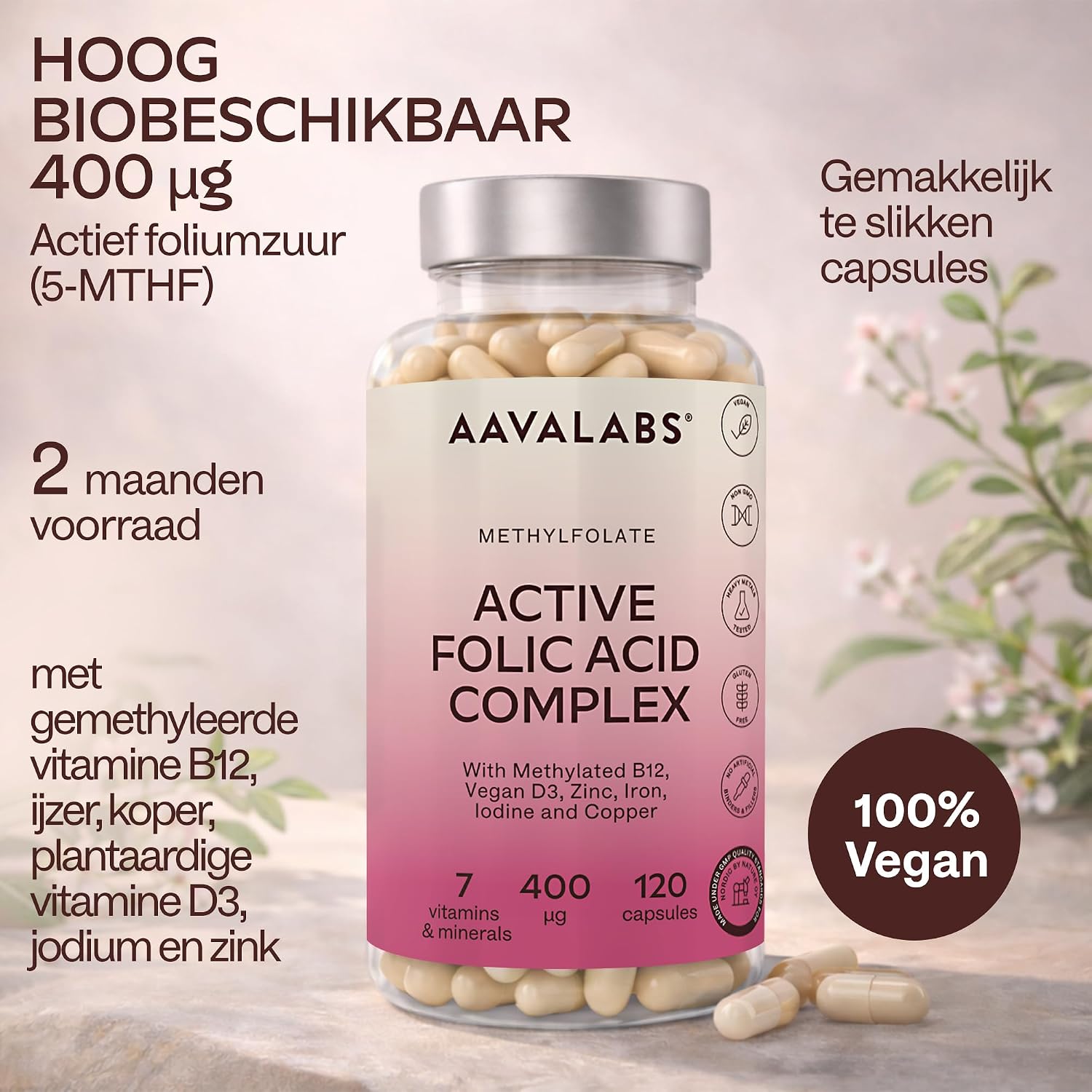 Detalle 2 de AAVALABS zwangerschapssupplement met 400 µg methylfolaat en vegan vitamine D3