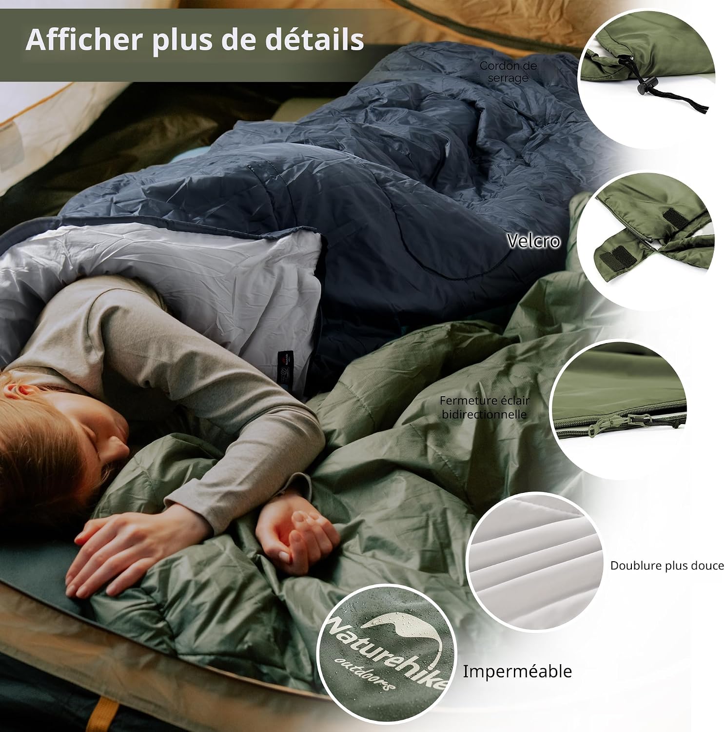 Detalle de Naturehike Sac de Couchage Compact 3 Saisons – Surdimensionné 220x85 cm, Ultra léger et modulable