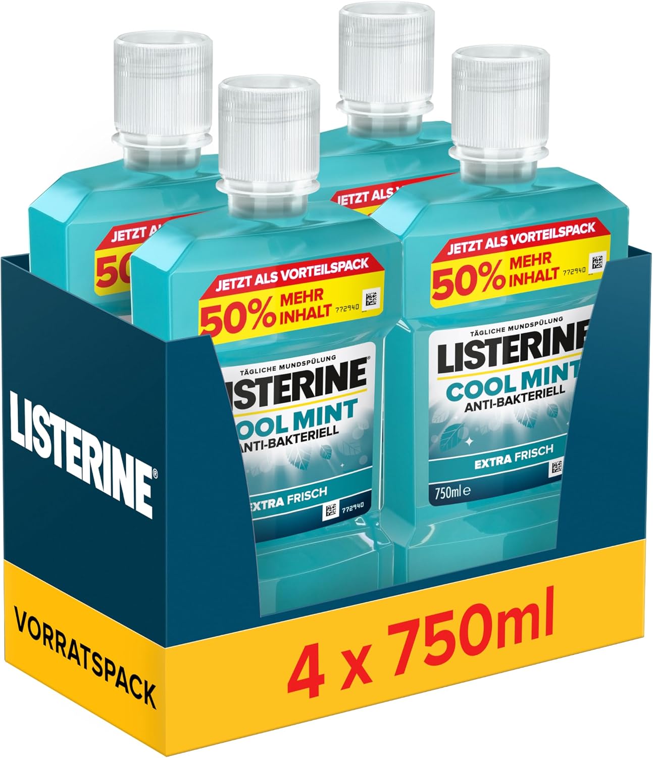 Listerine Cool Mint Mundwasser (4 x 750 ml) – antibakterielle Spülung mit intensivem Minzgeschmack