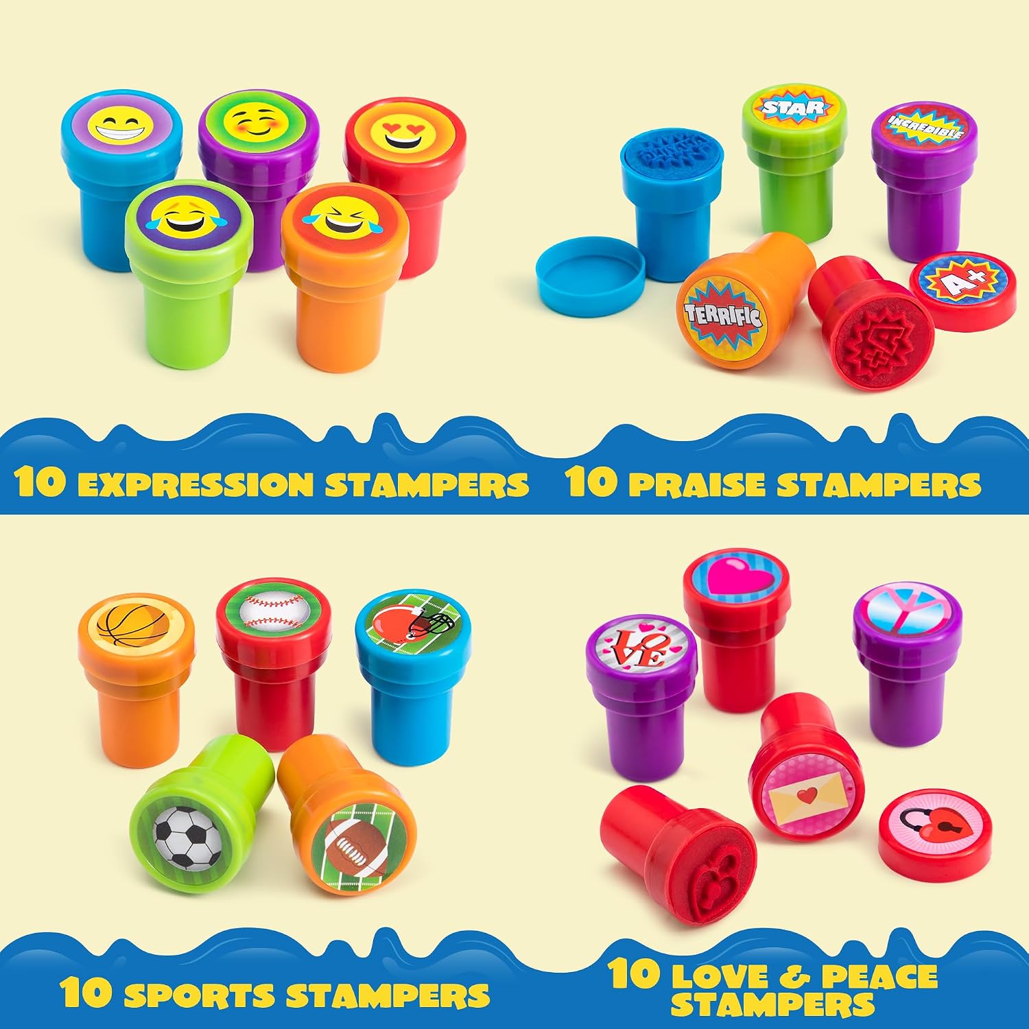 Detalle 2 de JOYIN Kinder-Stempel-Set (100 Stück) mit selbstfärbenden Mini-Stempeln – 50 Motive für Ostereier & Mitgebsel