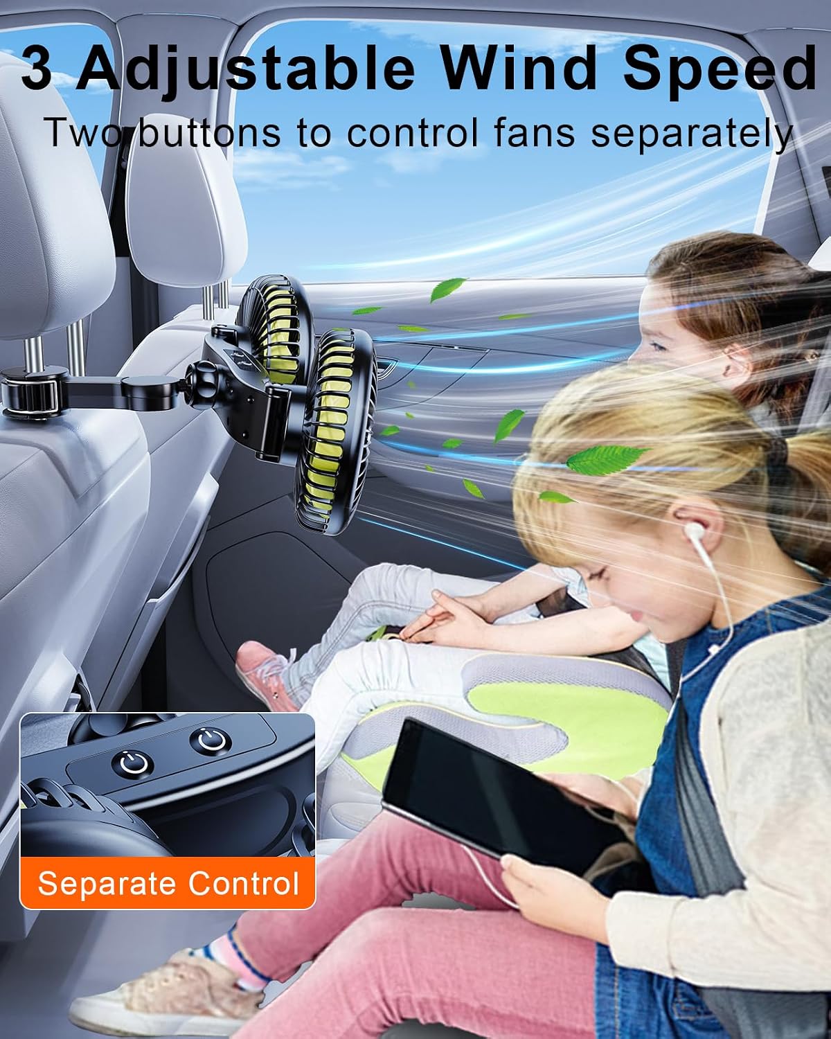 Detalle de Nauttxon Battery Fan for Car Backseat with 360° Rotatable 3 Speed