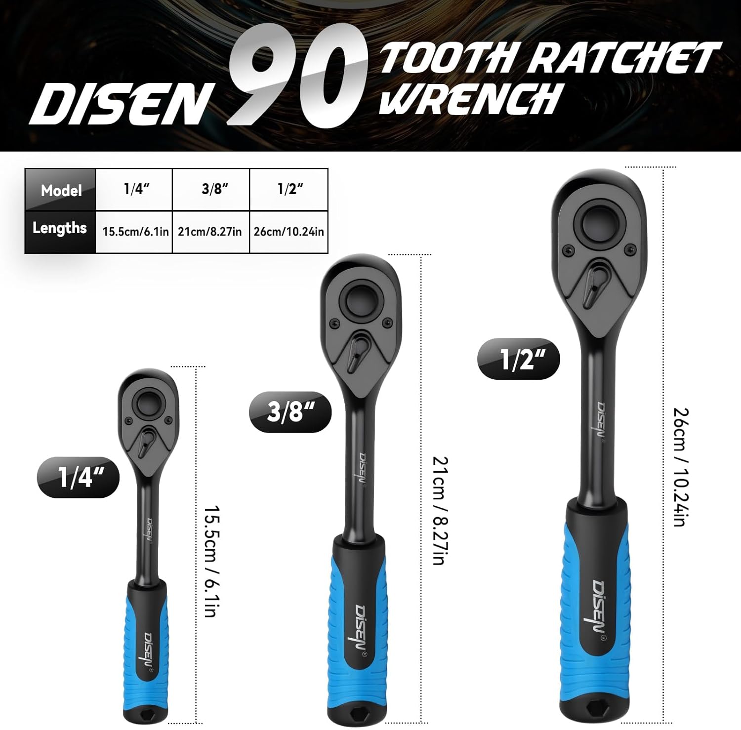 Detalle 2 de DISEN 3-Piece Black Ratchet Set (1/2", 3/8", 1/4" Drive) with 90-Tooth Mechanism