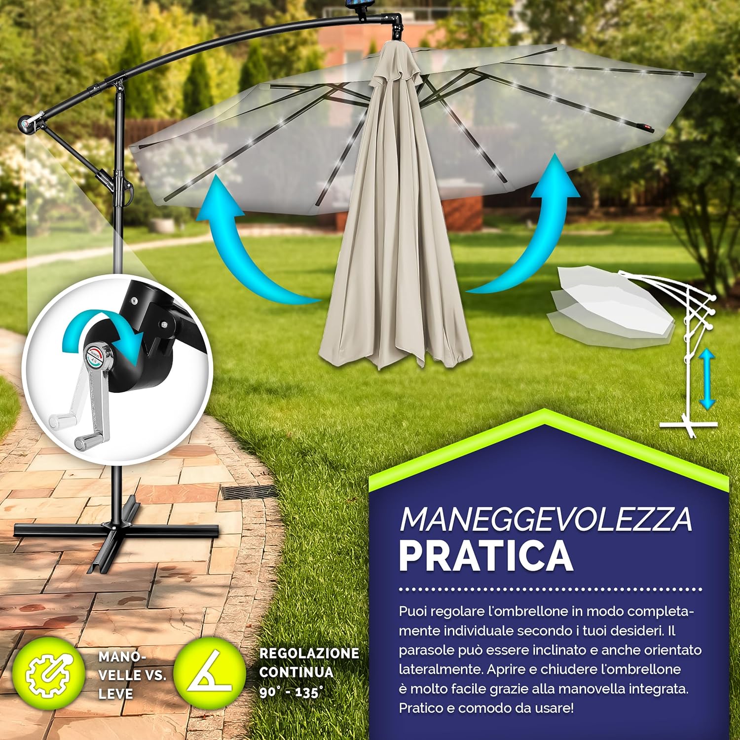 Thumbnail 2 de Tillvex Ombrellone da giardino LED solare Ø300 cm con manovella e base | Alluminio impermeabile