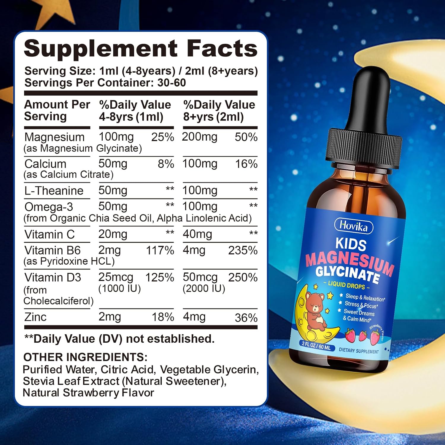 Detalle 2 de Hovika Kids Magnesium Glycinate Liquid Drops with L-Theanine, Omega-3 & Strawberry Flavor