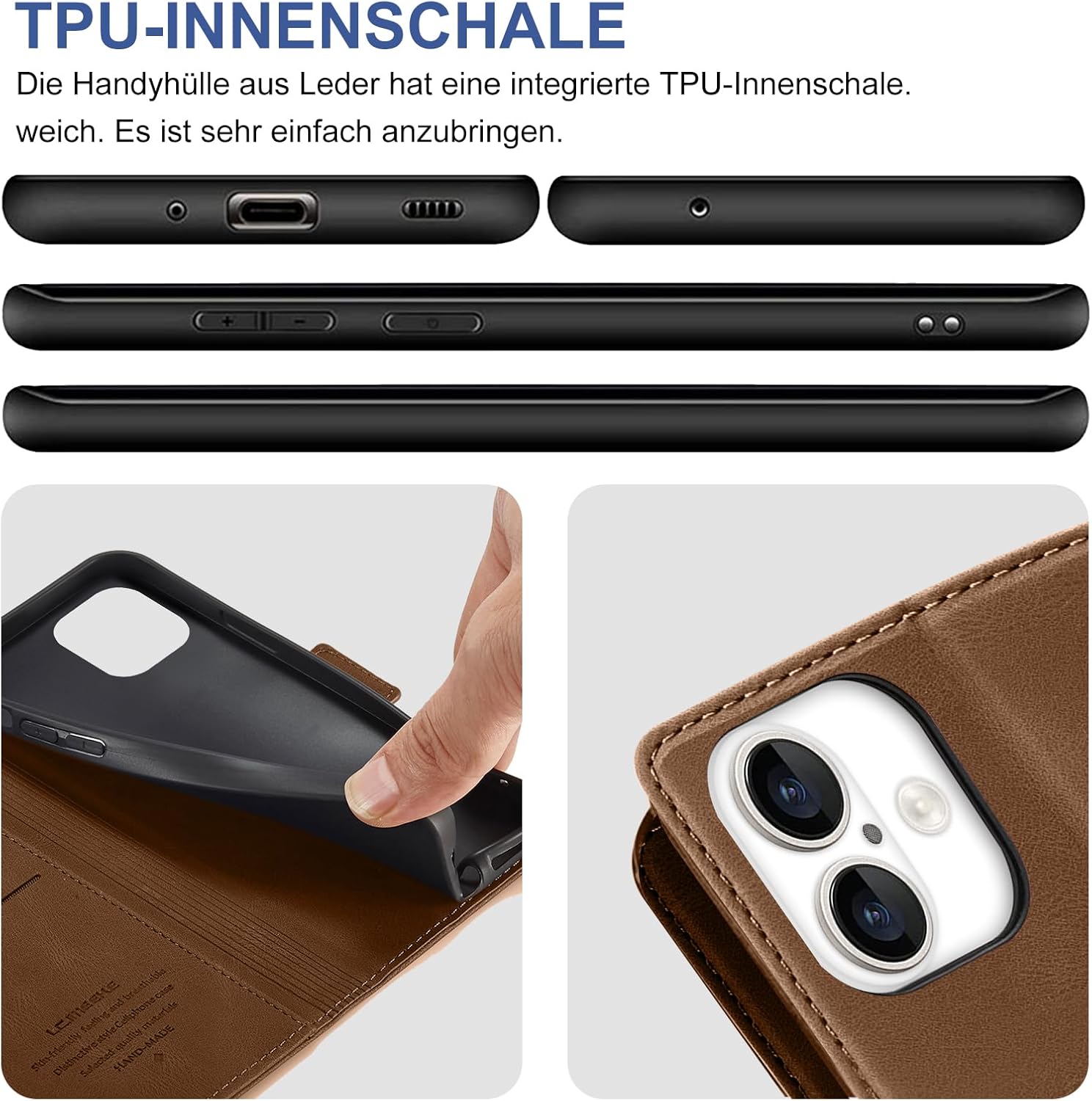 Thumbnail 5 de Giyer Handyhülle für iPhone 16 mit Kartenfach, Schutzfolie & Standfunktion (Braun)