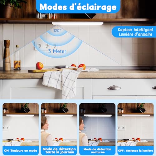 Thumbnail 3 de Reglette LED Sous-Meuble Cuisine 24 cm Haokiang (2 Pack) – Détecteur de Mouvement, 6500K, Rechargeable USB