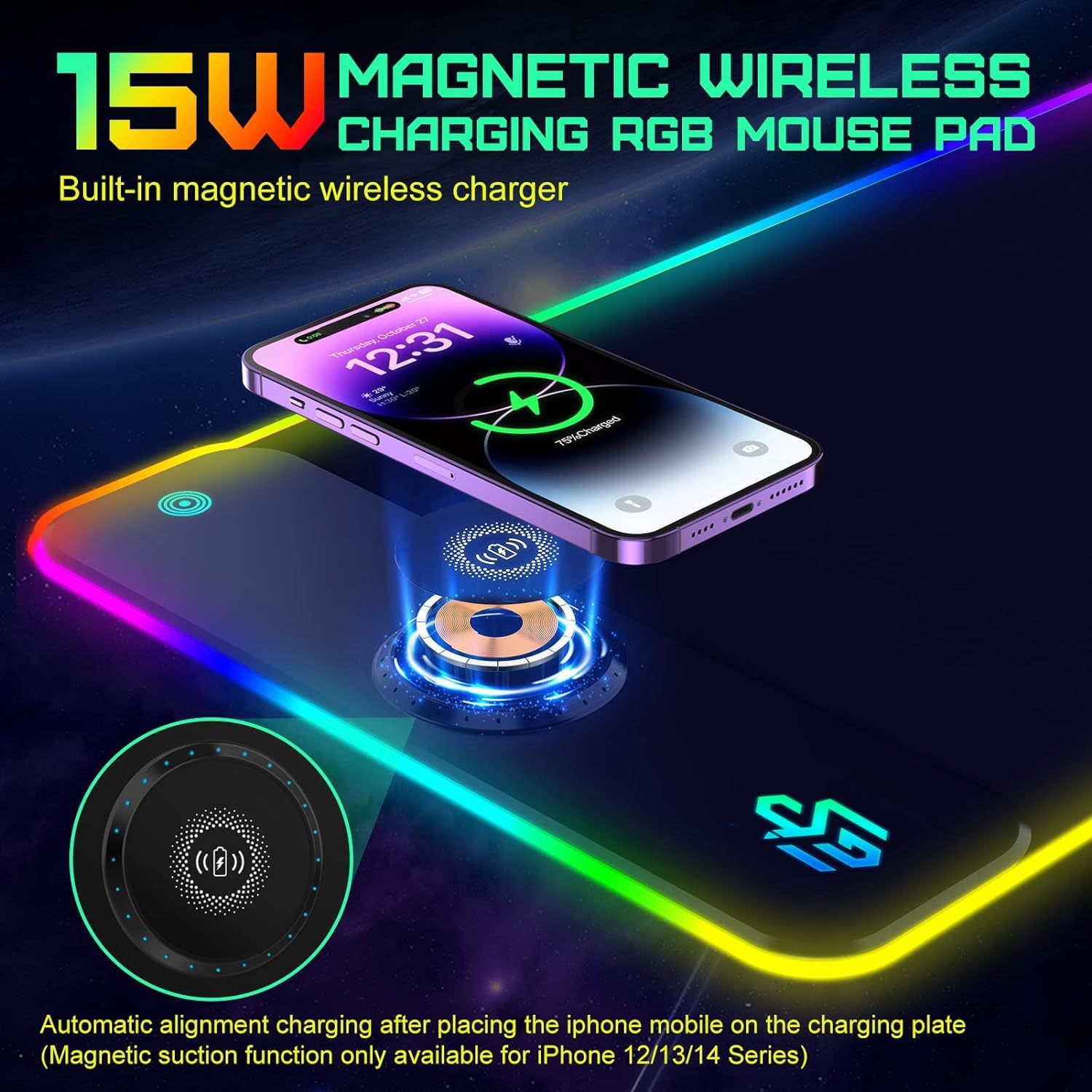 Detalle 1 de Wireless charging RGB mouse pad 15W