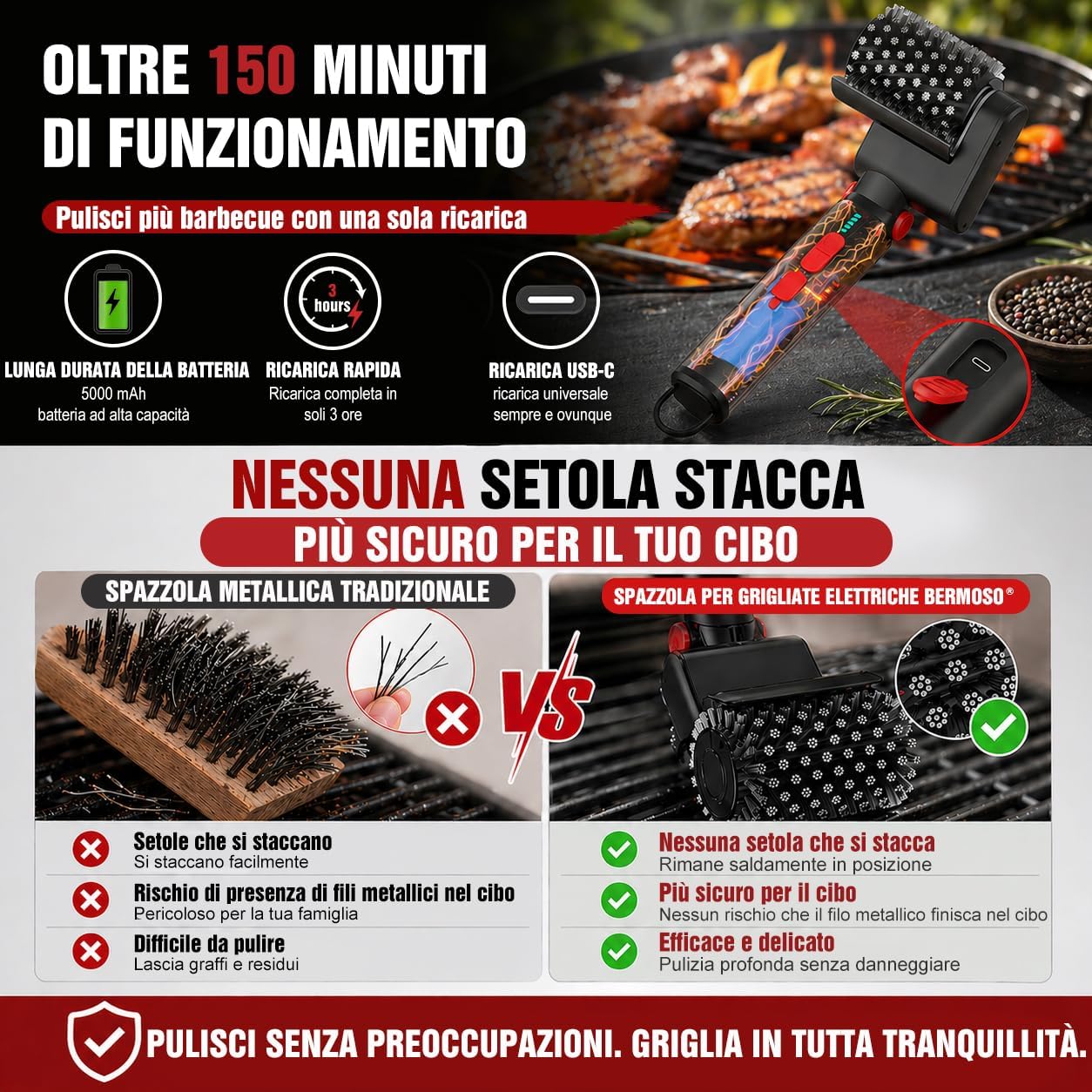 Thumbnail 3 de Spazzola Elettrica per Barbecue: pulizia rapida senza fili con 3 velocità e testine intercambiabili