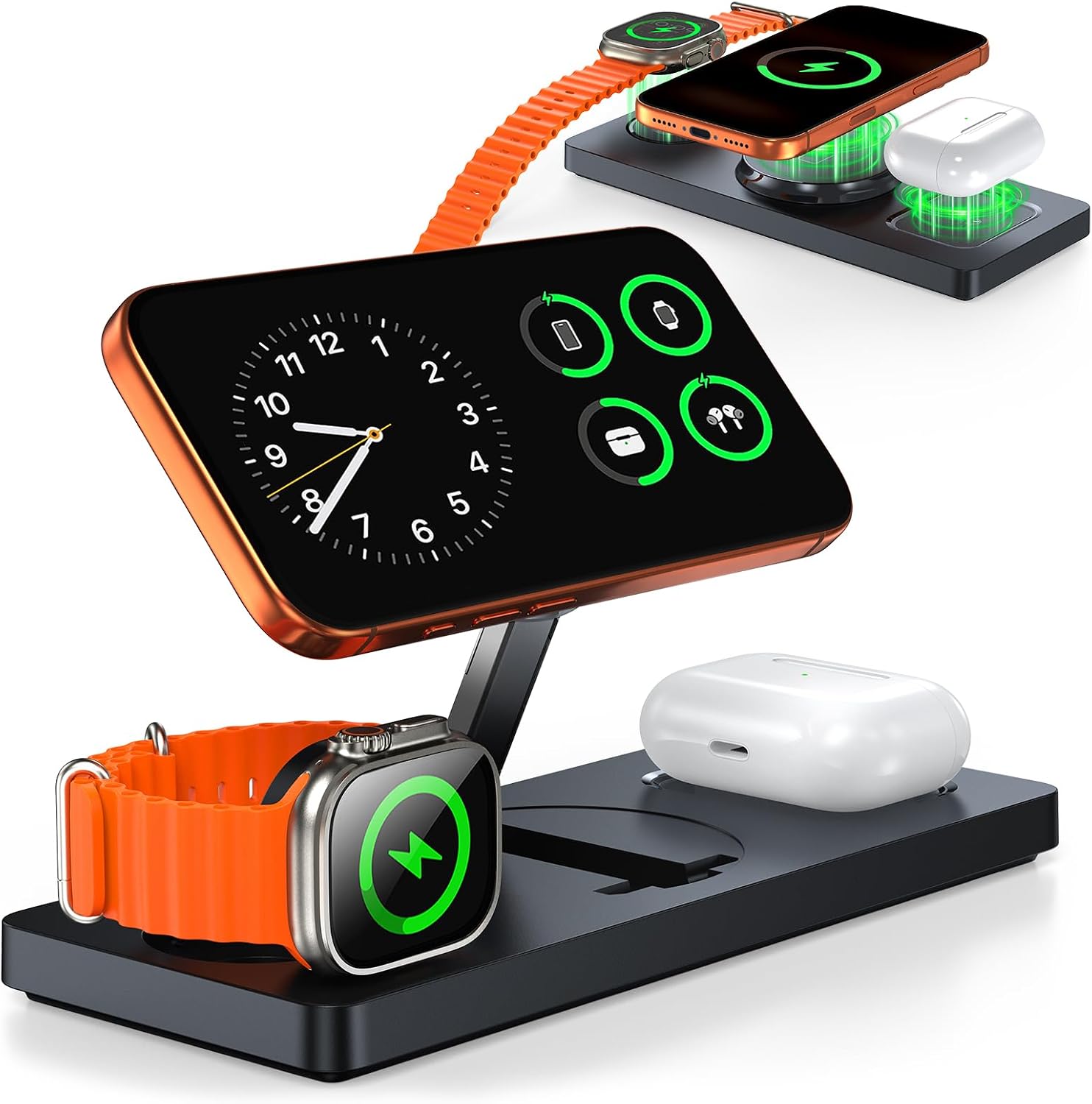 Detalle de Foldable 3-in-1 Wireless Charging Station for Apple MagSafe Charger Stand