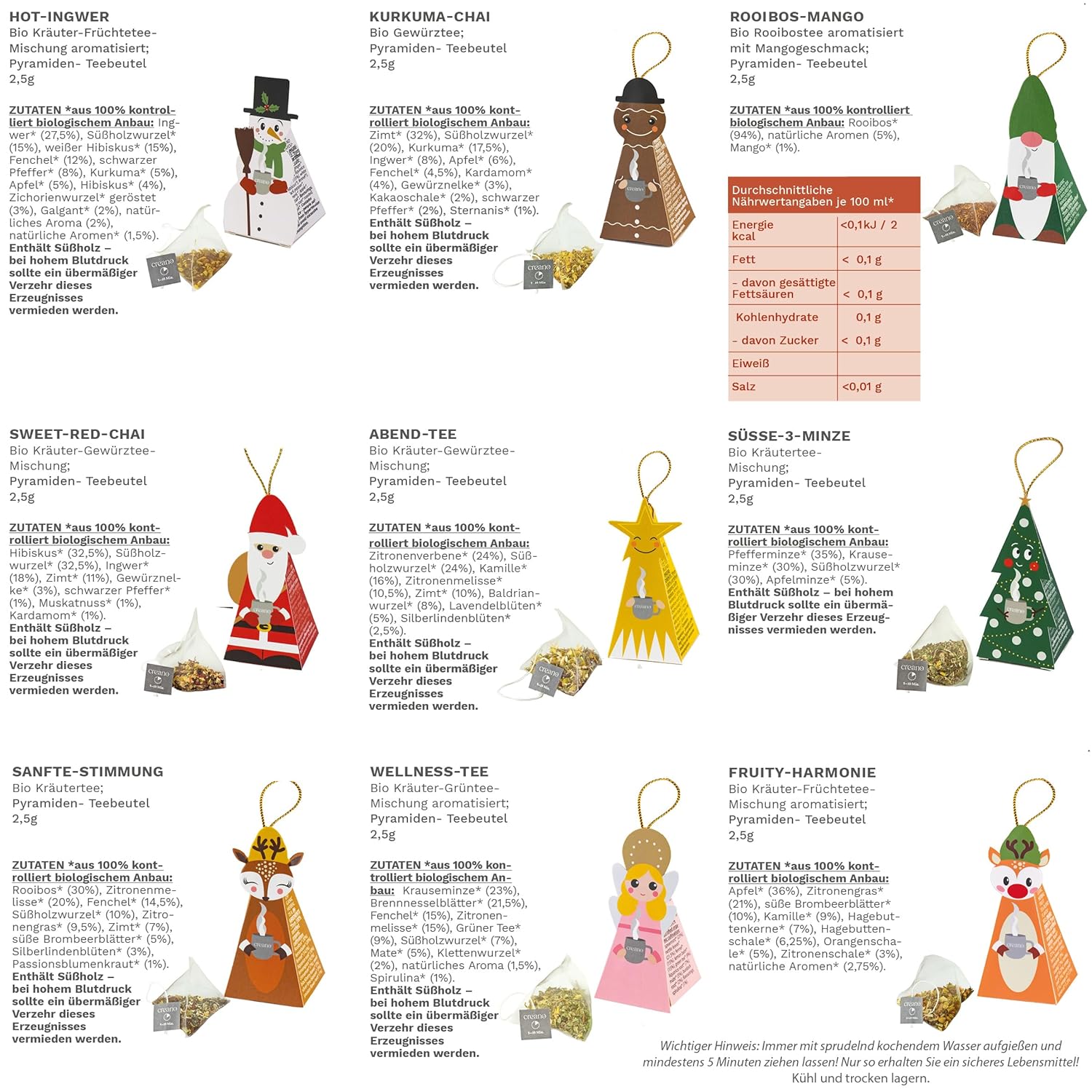 Thumbnail 2 de Creano Bio Wintertee Geschenkset „Niedliche Weihnachtsfiguren“ – 9 Pyramiden-Teebeutel in 9 Sorten