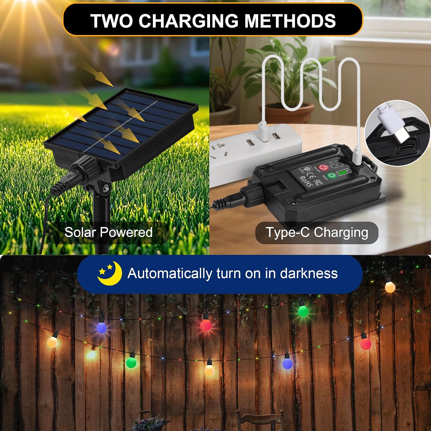 Detalle de Tacobey Solar-Lichterkette Außen bunt mit 20 G40-Lampen – 10 m 100 LED, USB-ladbar, 8 Modi (IP65)