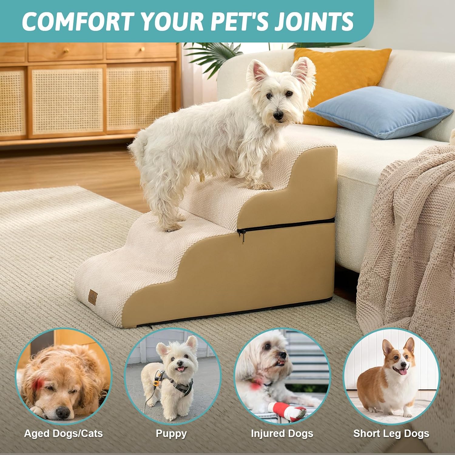 Detalle de COZY KISS Breiter Hundetreppe für Kleine Hunde – 4 Stufen, Beige, 40x72x50 cm