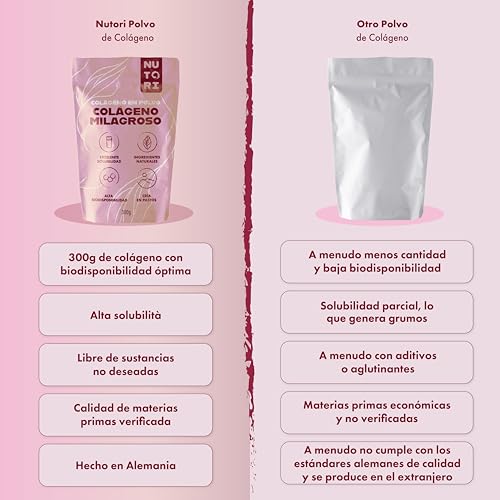 Detalle de NUTORI Colágeno en polvo 300 g: hidrolizado de alta biodisponibilidad, procedente de ganado de pastoreo
