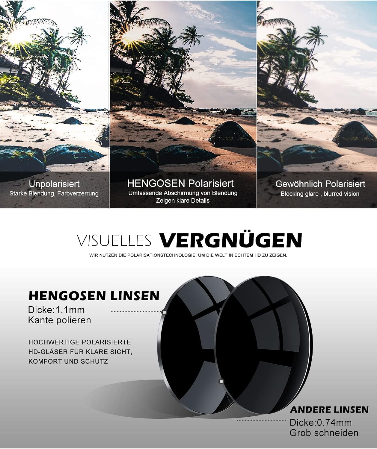 Thumbnail 4 de HENGOSEN Sonnenbrille Quadrat Polarisierte UV-Schutz – Herren & Damen, leichtes Kunststoffrahmen-Design