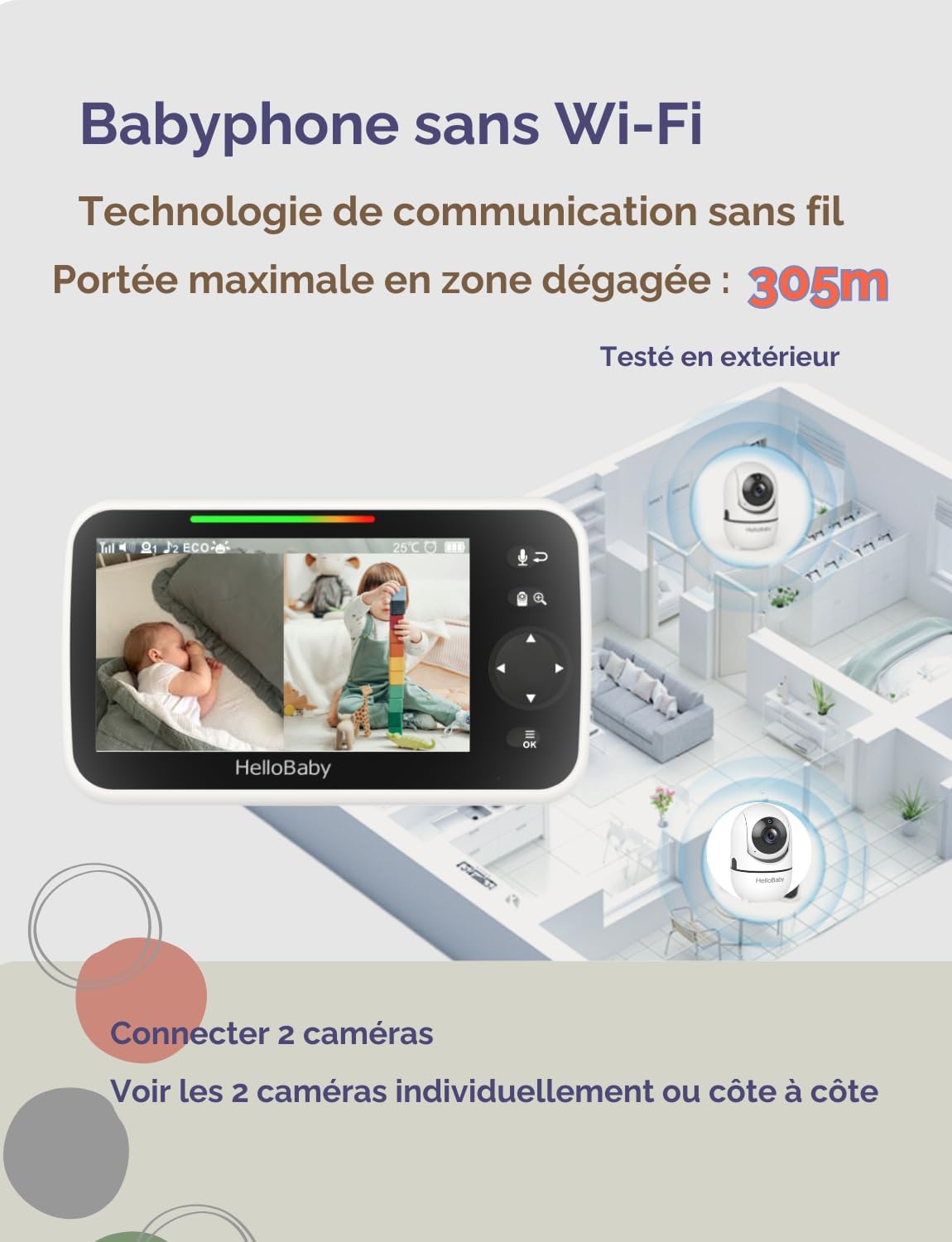 Thumbnail 3 de HelloBaby Babyphone mit 2 Kameras (kein WLAN) und 5-Zoll geteilter Bildschirm