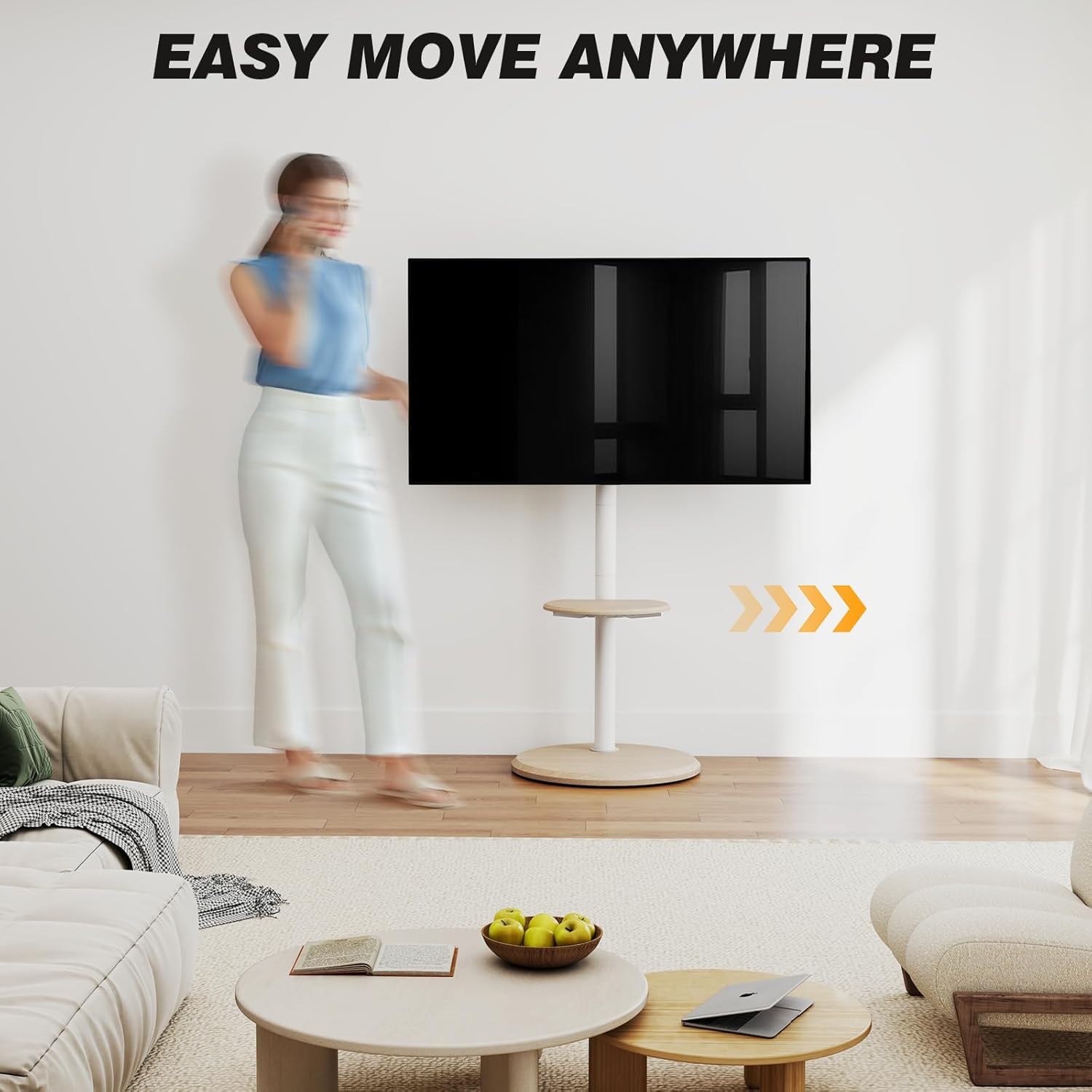 Thumbnail 1 de Support TV sur pied RFIVER avec roues cachées, réglage hauteur & inclinaison (32 à 65 pouces, VESA jusqu’à 400x400) – Blanc