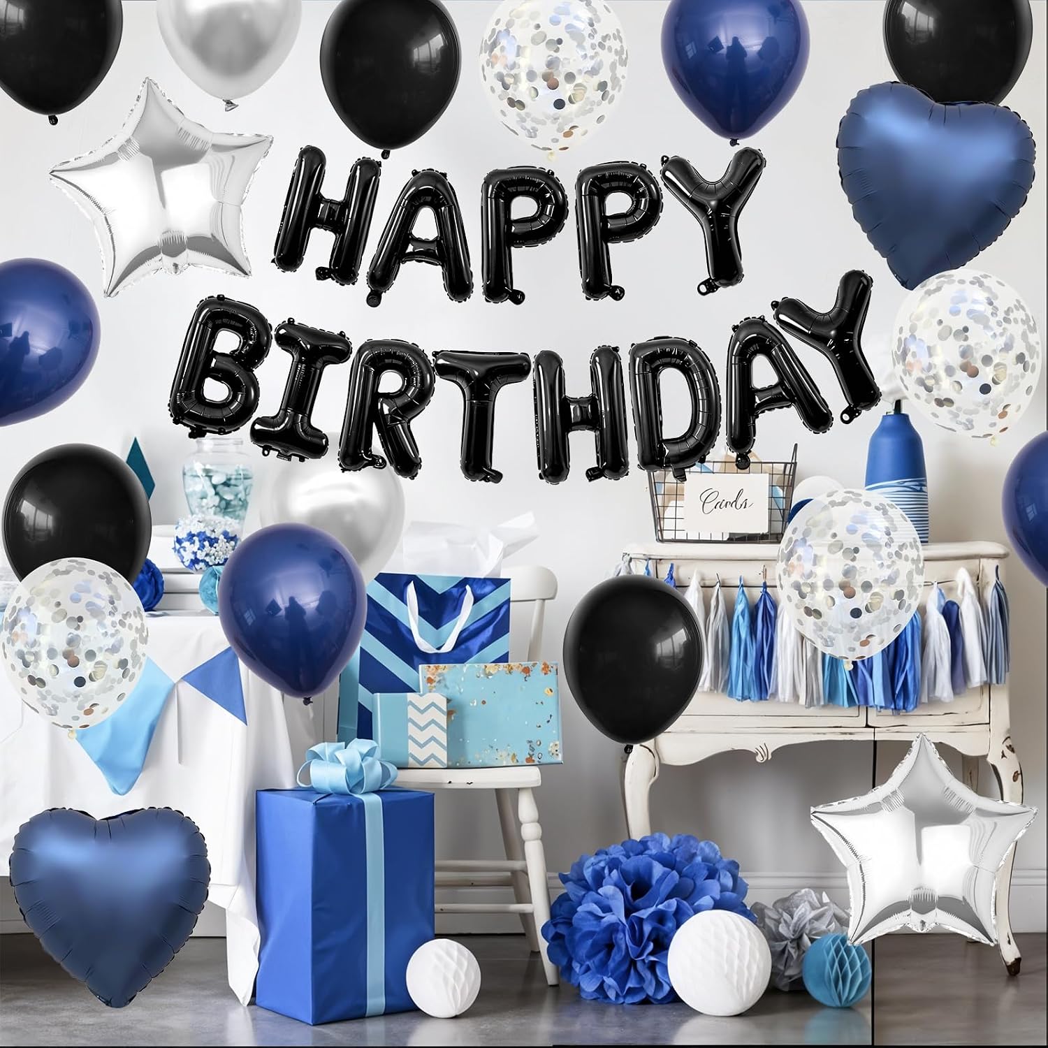 Thumbnail 4 de Navy Blue & Black “Happy Birthday” Balloon Decoration Set with Silver Confetti Balloons