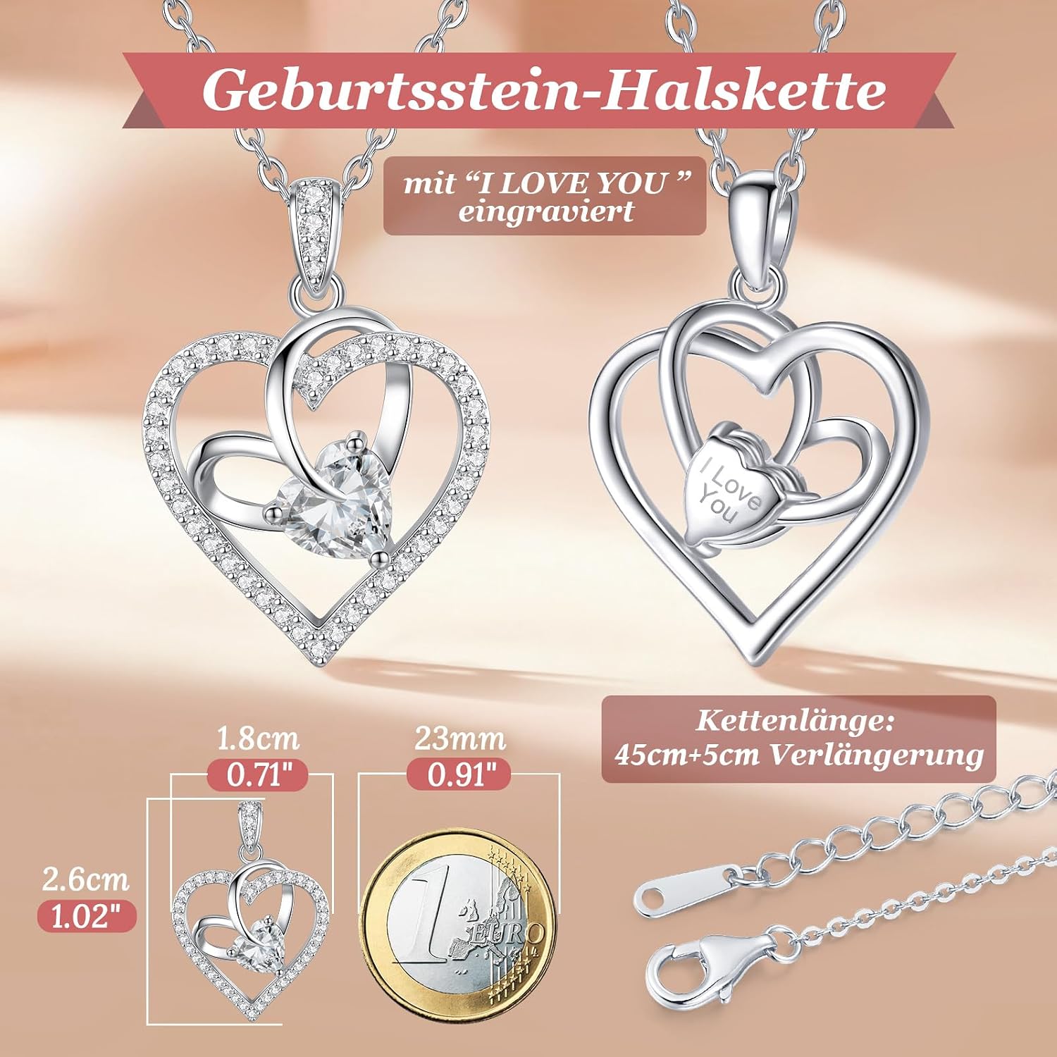 Detalle 2 de Collana Donna Cuore Regalo Gioielli con Pietra di Nascita in Argento 925, Cuore Doppio e Zirconi 5A