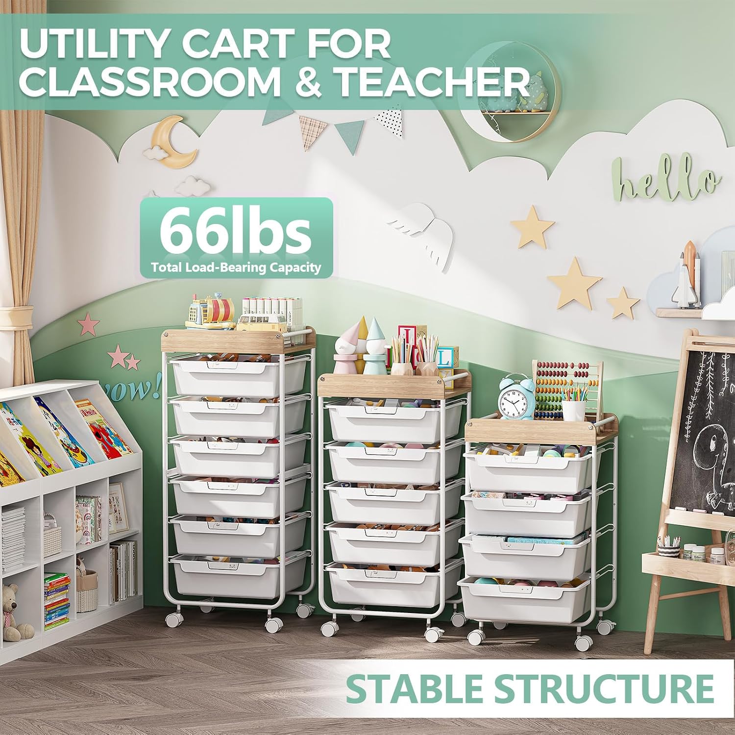Detalle de SYKIARIOL 1431+1233+1432 6-Drawer Rolling Storage Cart with Wooden Top, White
