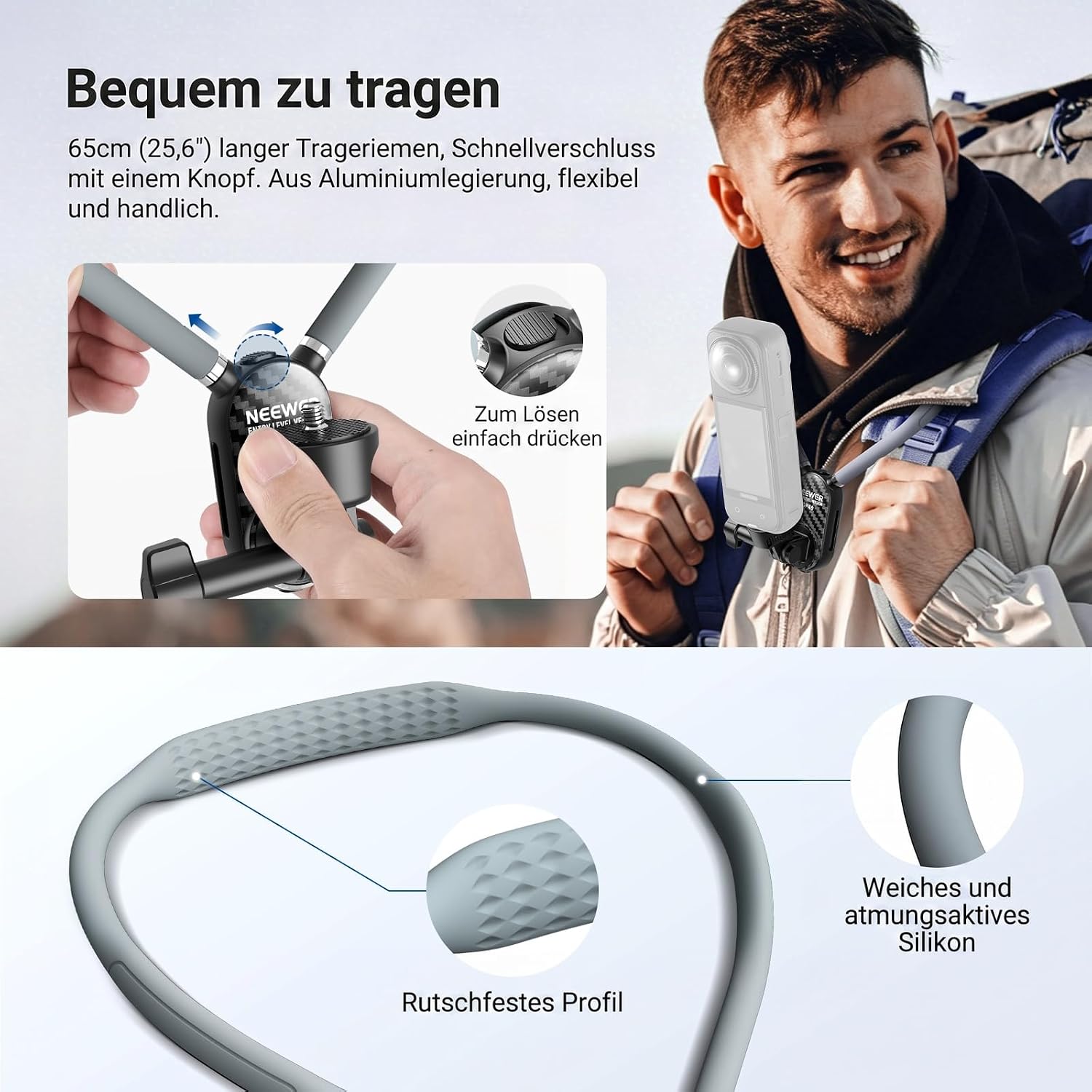 Detalle de NEEWER GP26 Hals-Halterung mit Brustgurt – kompatibel mit GoPro, Insta360, DJI Action Cams (GP49)