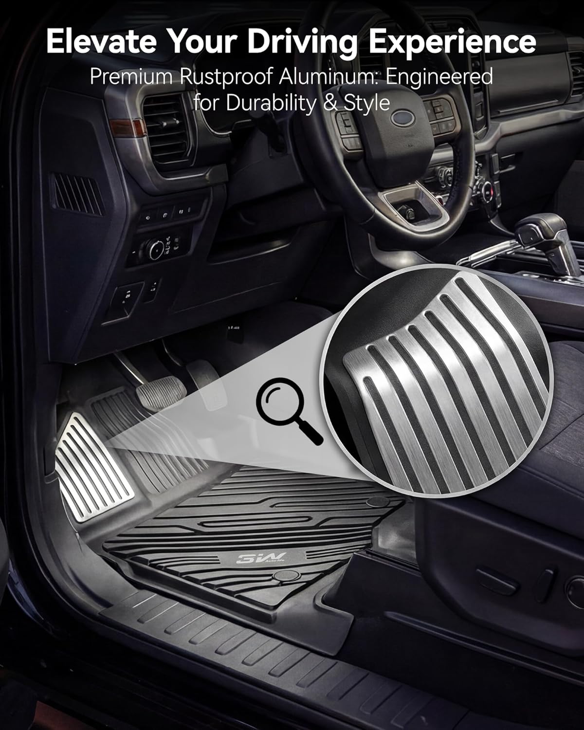 Detalle de 3W Floor Mats with Metal Pedals & Box Mat for Ford F-150 (2015-2026) and F-150 Lightning (2022-2025) – Custom-Fit All-Weather TPE Interior Accessories