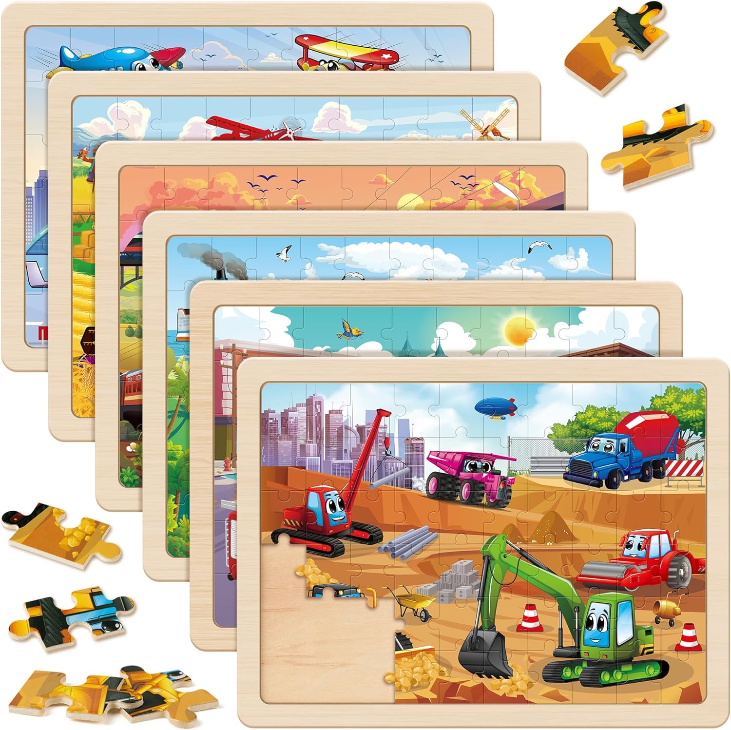 SYNARRY Wooden Vehicle Puzzles for Kids – 6 Packs of 60 Pieces