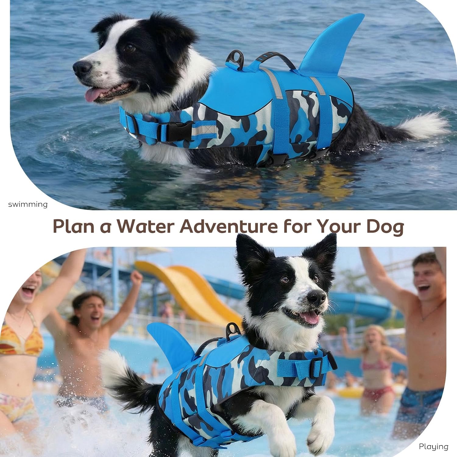 Detalle 2 de CITÉTOILE Dog Life Jacket Shark Costume – Blue Camouflage, Safe Swim Vest (Size S)