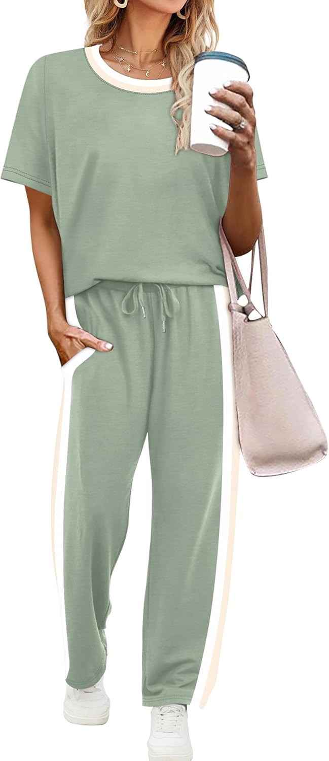 Detalle de WIHOLL 2-Piece Lounge Set for Women: Matching Short-Sleeve Top & Wide-Leg Pants with Pockets