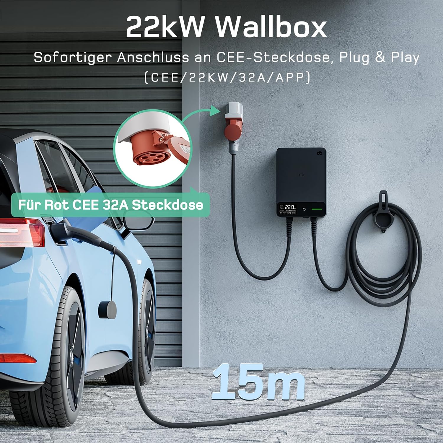 Thumbnail 1 de dé Wallbox 22kW mit APP, 15 m Typ 2 Kabel – 3-Phasen EV-Ladegerät für BEV/PHEV (IP54, 30mA AC + 6mA DC)