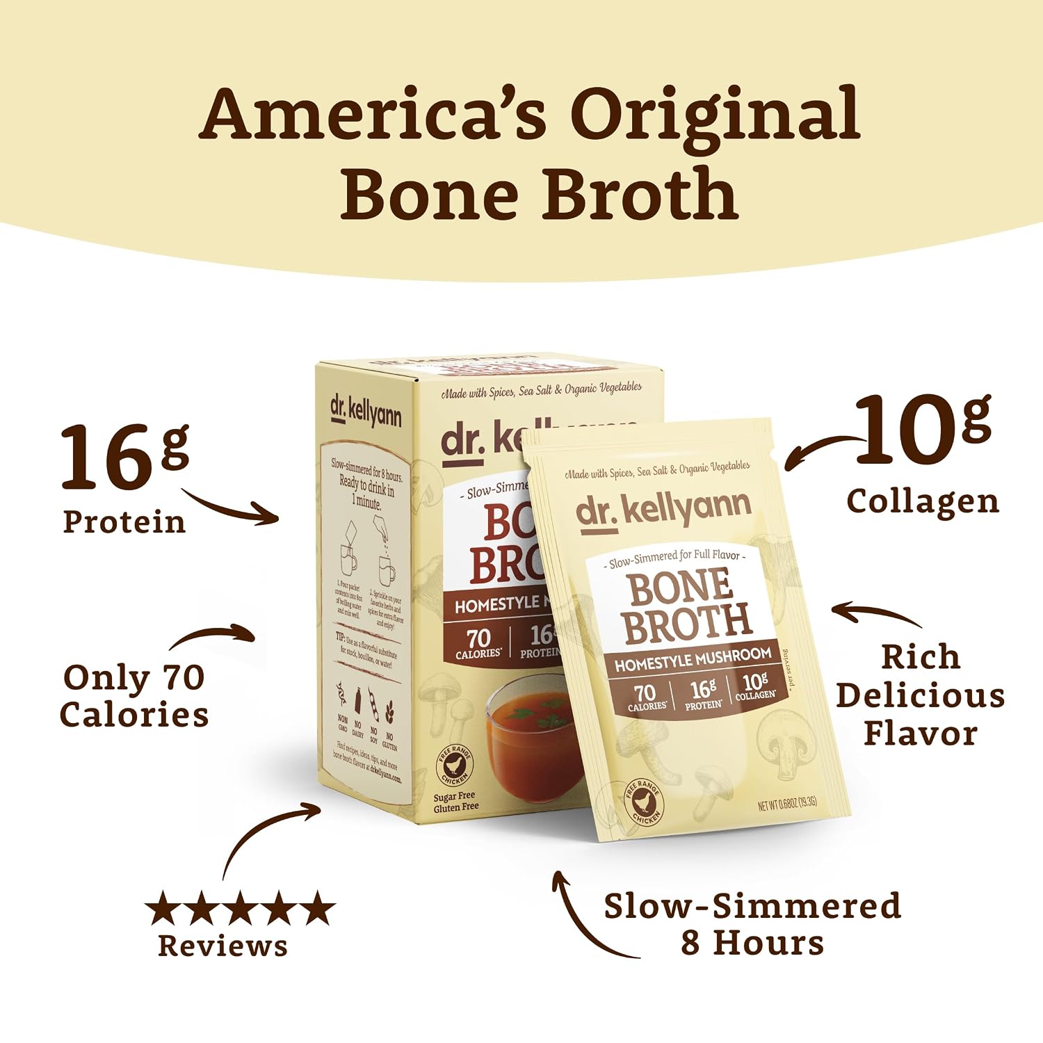 Detalle 1 de Dr. Kellyann Homestyle Mushroom Bone Broth Packets, 7 Servings, 16g Protein