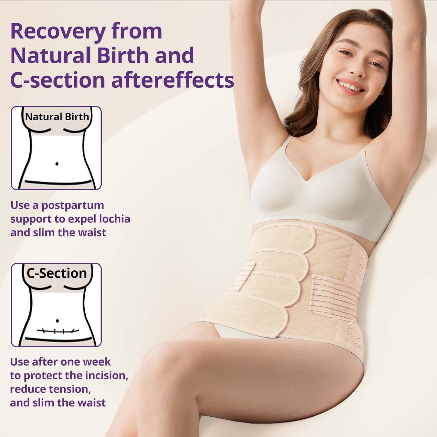 Detalle de JOYNCLEON Ceinture de Grossesse Post-Partum avec Bande Pelvienne – Ventre Plat et Soutien Abdominal Réglable (Beige, Medium, <50 kg) pour voie basse et Césarienne