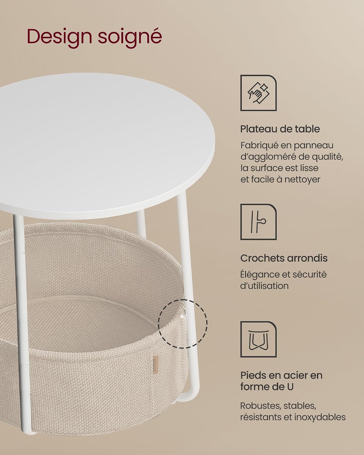 Thumbnail 4 de VASAGLE LILEA LET223W10 ronde salontafel met stoffen mand, wit-beige