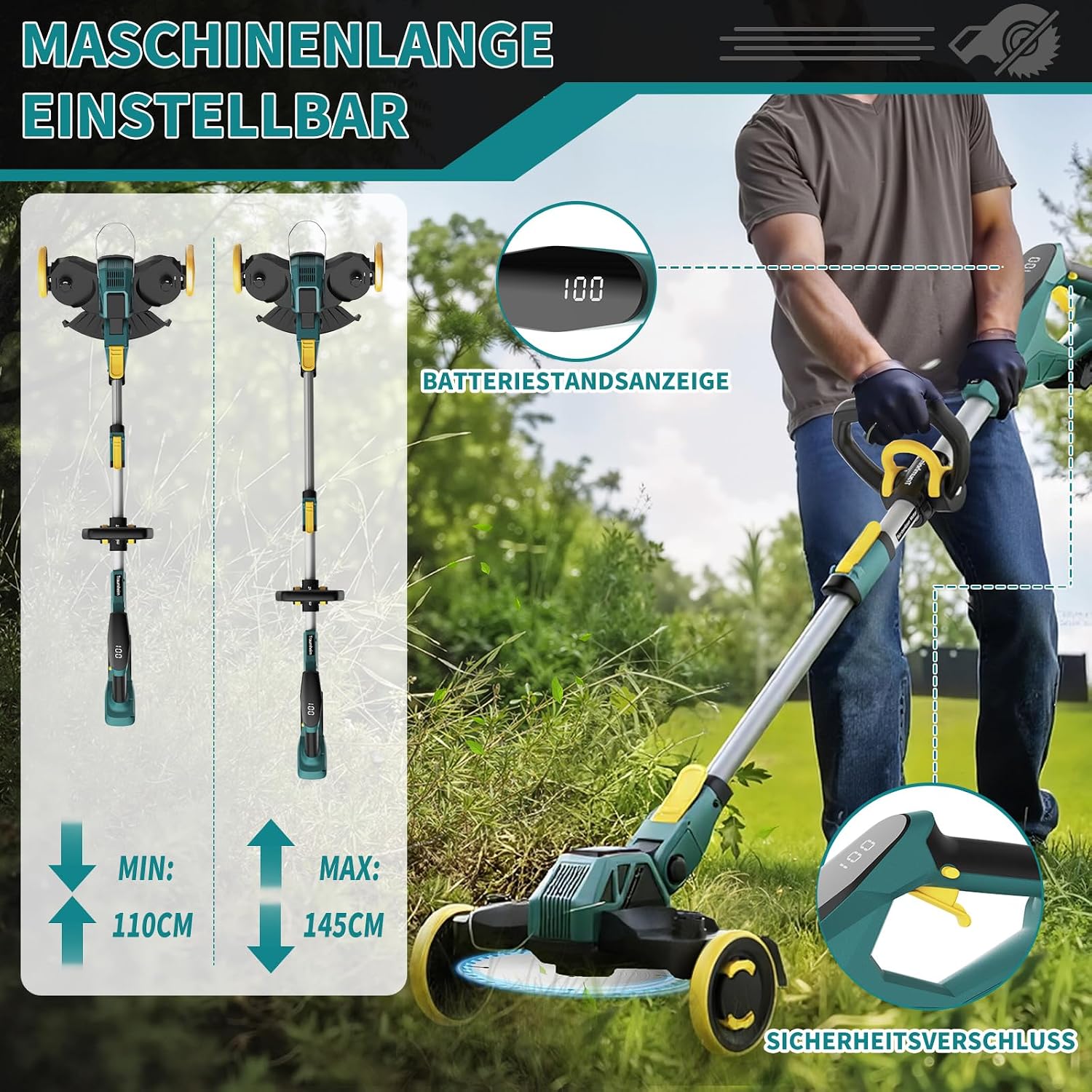 Thumbnail 3 de Akku-Rasentrimmer 21V (für Makita-Akkus) 900W bürstenlos, 5-in-1 mit Unkrautbürste und 2×4,0Ah