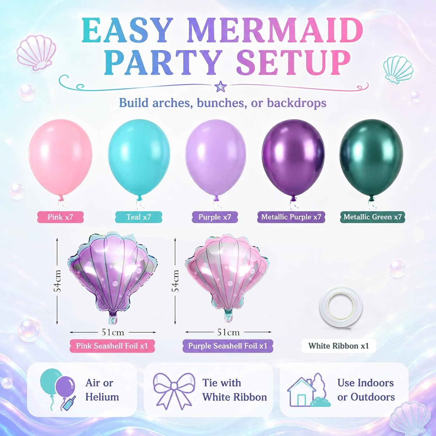 Detalle 2 de Mermaid Balloons Macaron Pink Purple Green Metallic Set with Seashell Foil Balloons for Ocean-Themed Girl Parties