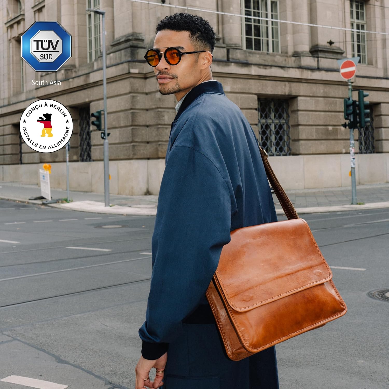 Detalle de Berliner Bags Ghent sac messenger en cuir véritable avec bandoulière réglable et compartiment ordinateur 15 pouces – Marron