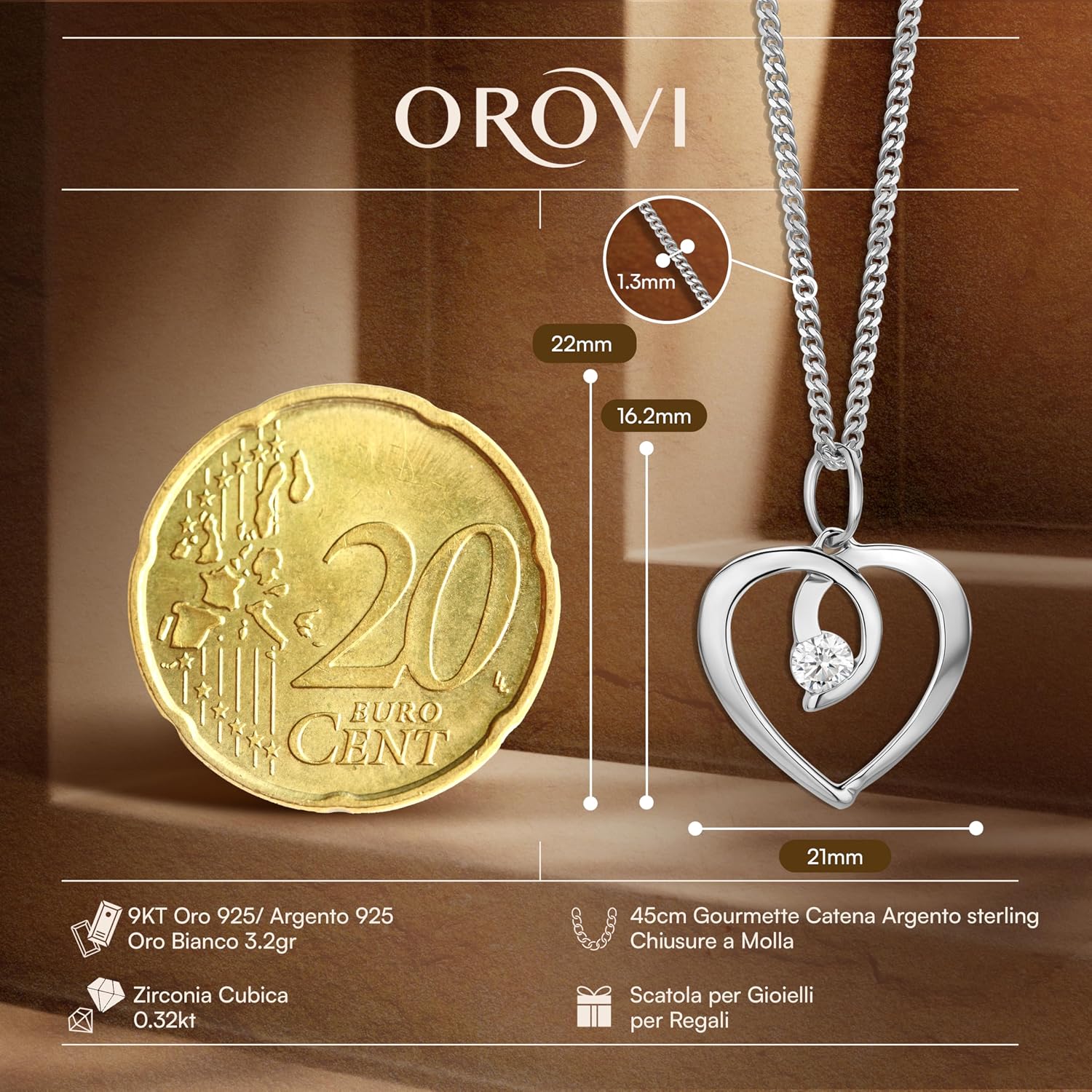 Detalle 2 de Orovi Cuore: Ciondolo in Oro 9K bianco e giallo con Zirconia e Catenina in Argento 925 (45 cm)