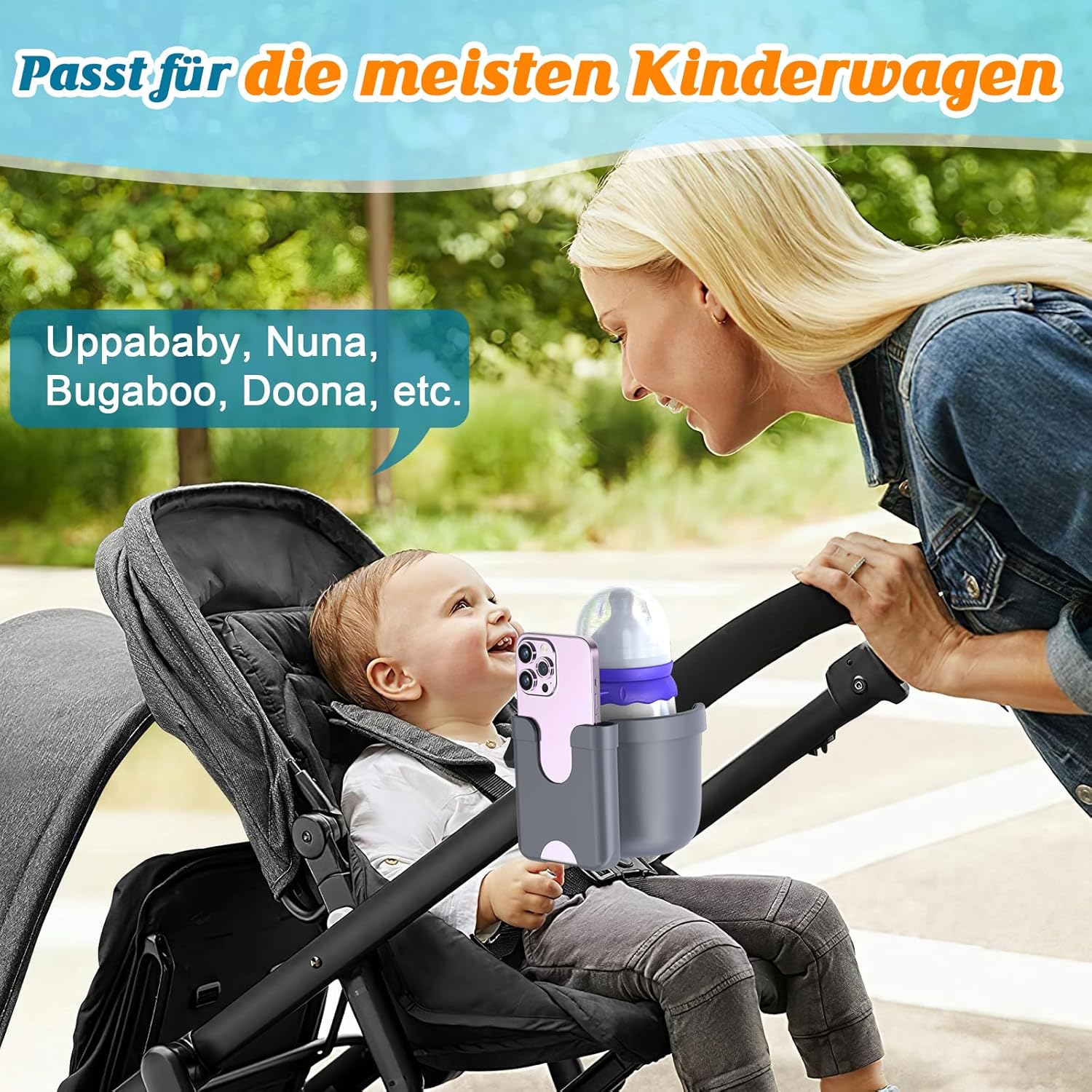 Detalle de Guiseapue 2 Stück Getränkehalter für Kinderwagen – universell einsetzbar, mit Handyhalter