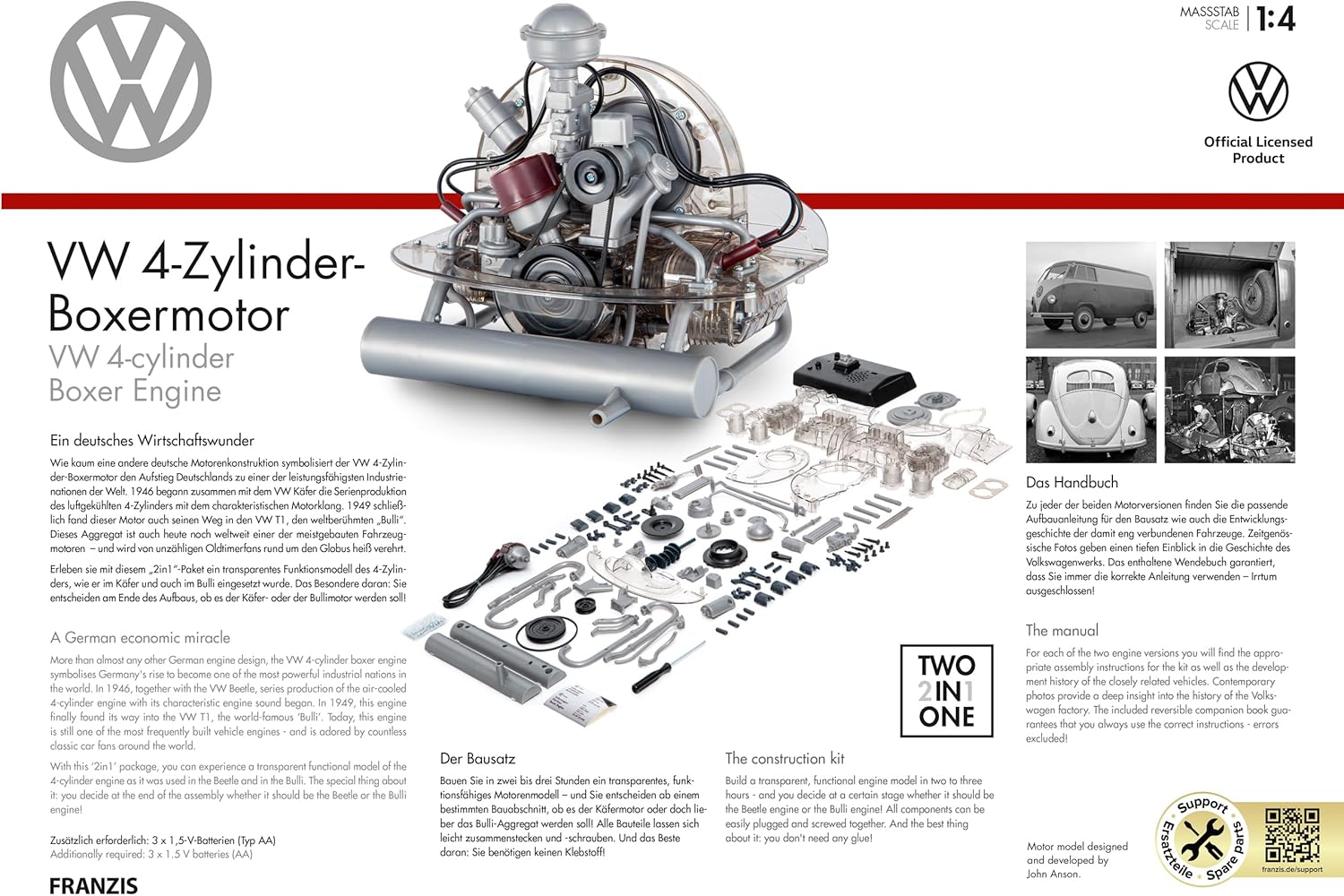 Detalle de FRANZIS 67308 Volkswagen VW 4-Zylinder Boxermotor 1:4 – Transparentes Funktionsmodell mit Soundmodul
