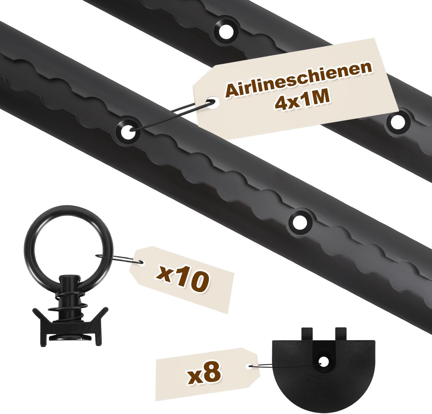 Thumbnail 1 de Jaxguom 4 x 1 m Aluminum Airlineschiene - Halbrunde Zurrschiene mit 10 Zurrösen, 8 Endkappen, eloxiert