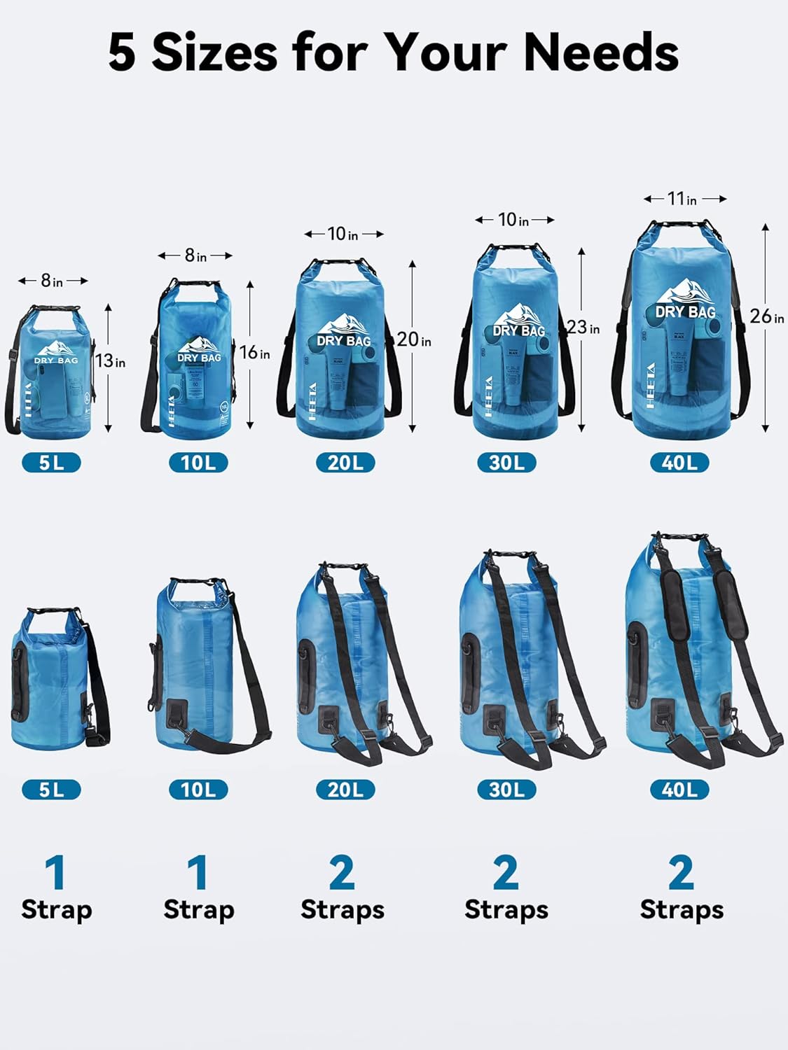Detalle de HEETA Dry Bag Waterproof 5L with Phone Case: Lightweight, Roll-Top Dry Storage for Water Sports