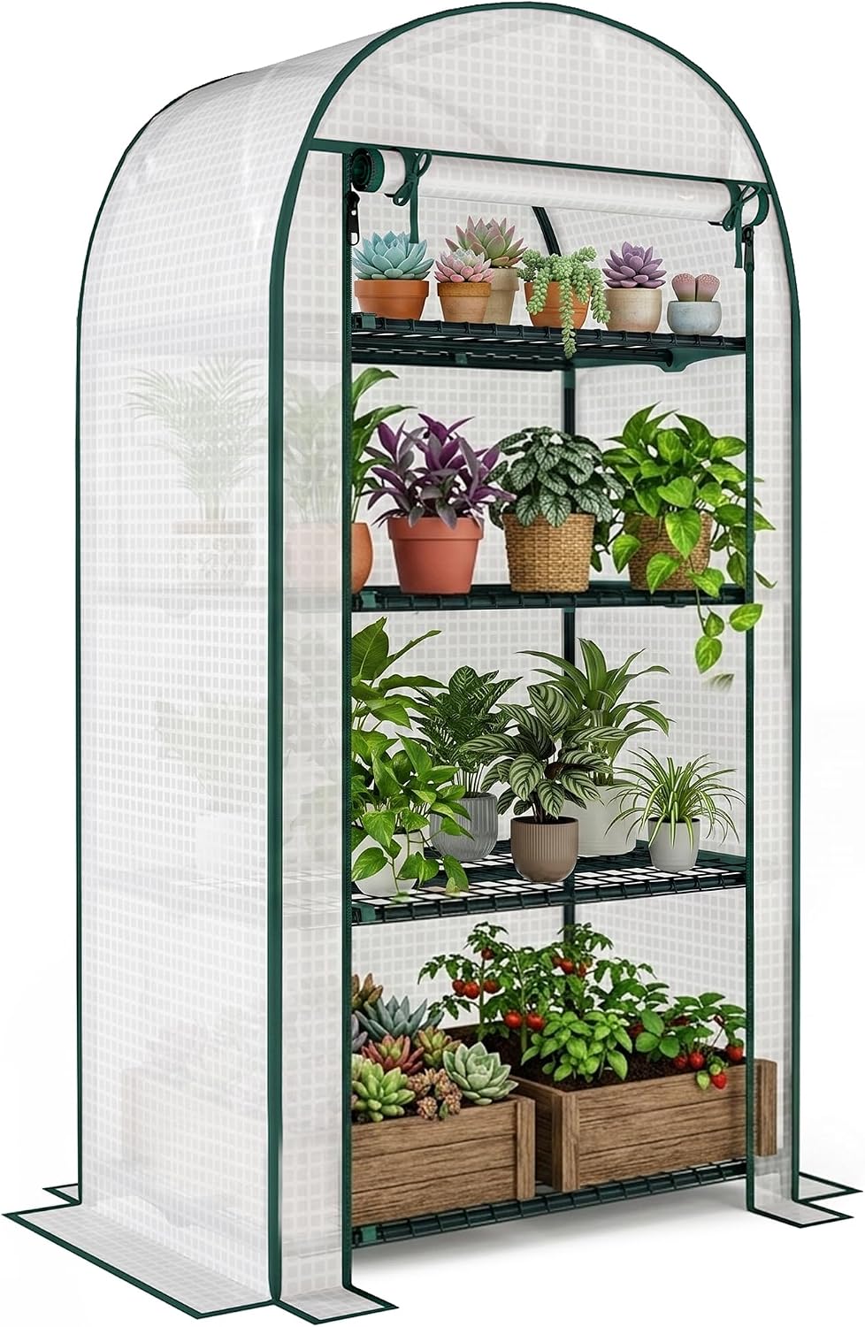 Detalle de Outsunny 845-607V01WT tuinkas met 4 niveaus, PE-hoes en stalen frame