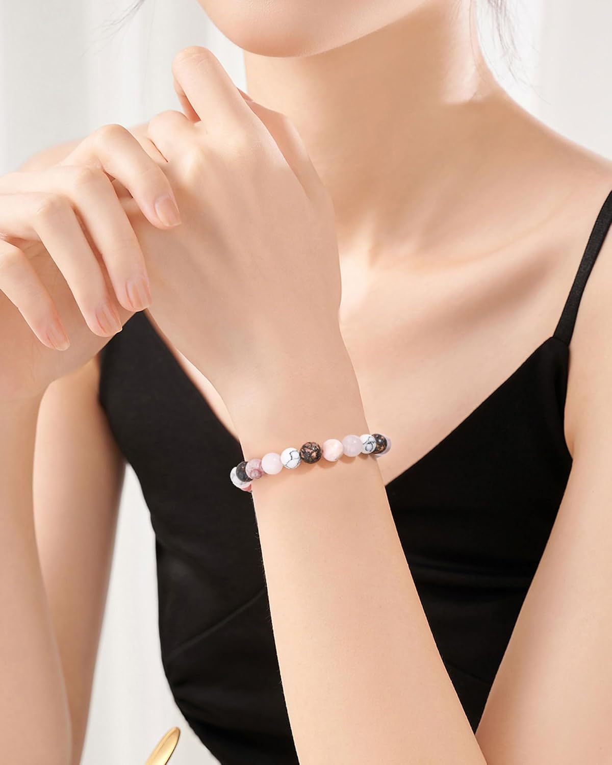Detalle 2 de Seyaa Bracelet Fête des Mères – Bracelet Pierre Naturelle Quartz Rose, Ajustable 19 cm, Cadeau pour Mère, Belle-Mère, Amie ou Sœur
