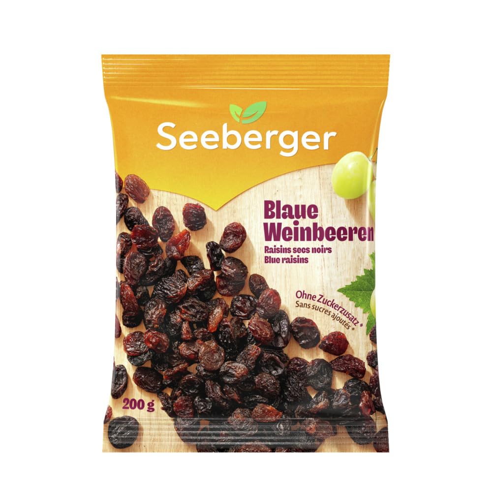 Detalle de Seeberger Blaue Weinbeeren 13er Pack (13 x 200 g) – ungeschwefelt, vegan & zum Backen, Kochen und Snacken