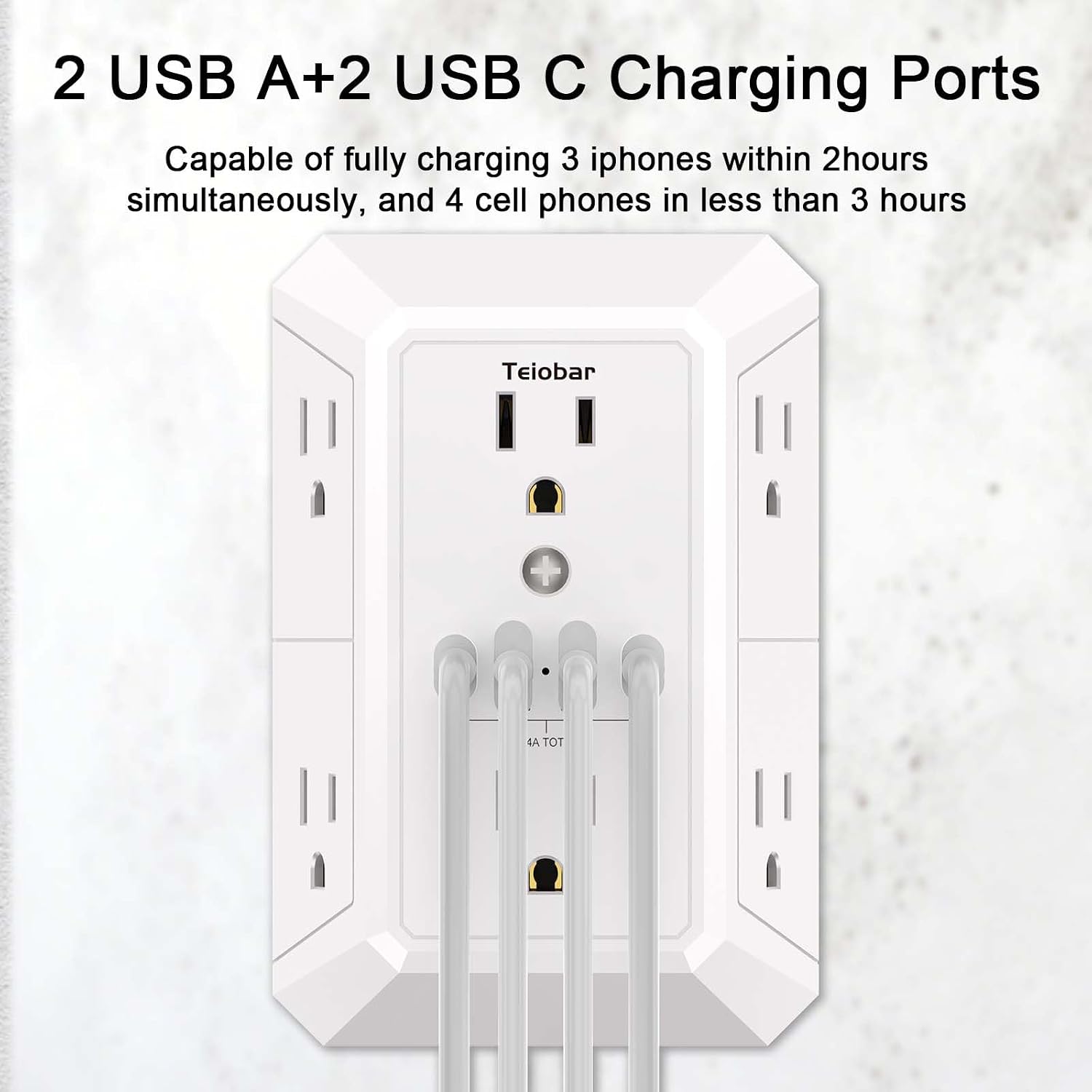 Detalle de Teiobar HR-519B Wall Outlet Surge Protector, 6 Outlets, 4 USB Ports